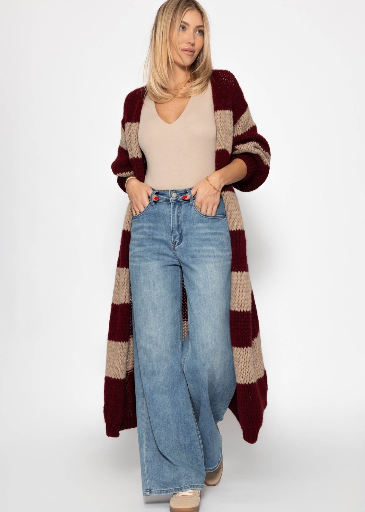 Extra long cardigan with block stripes - burgundy