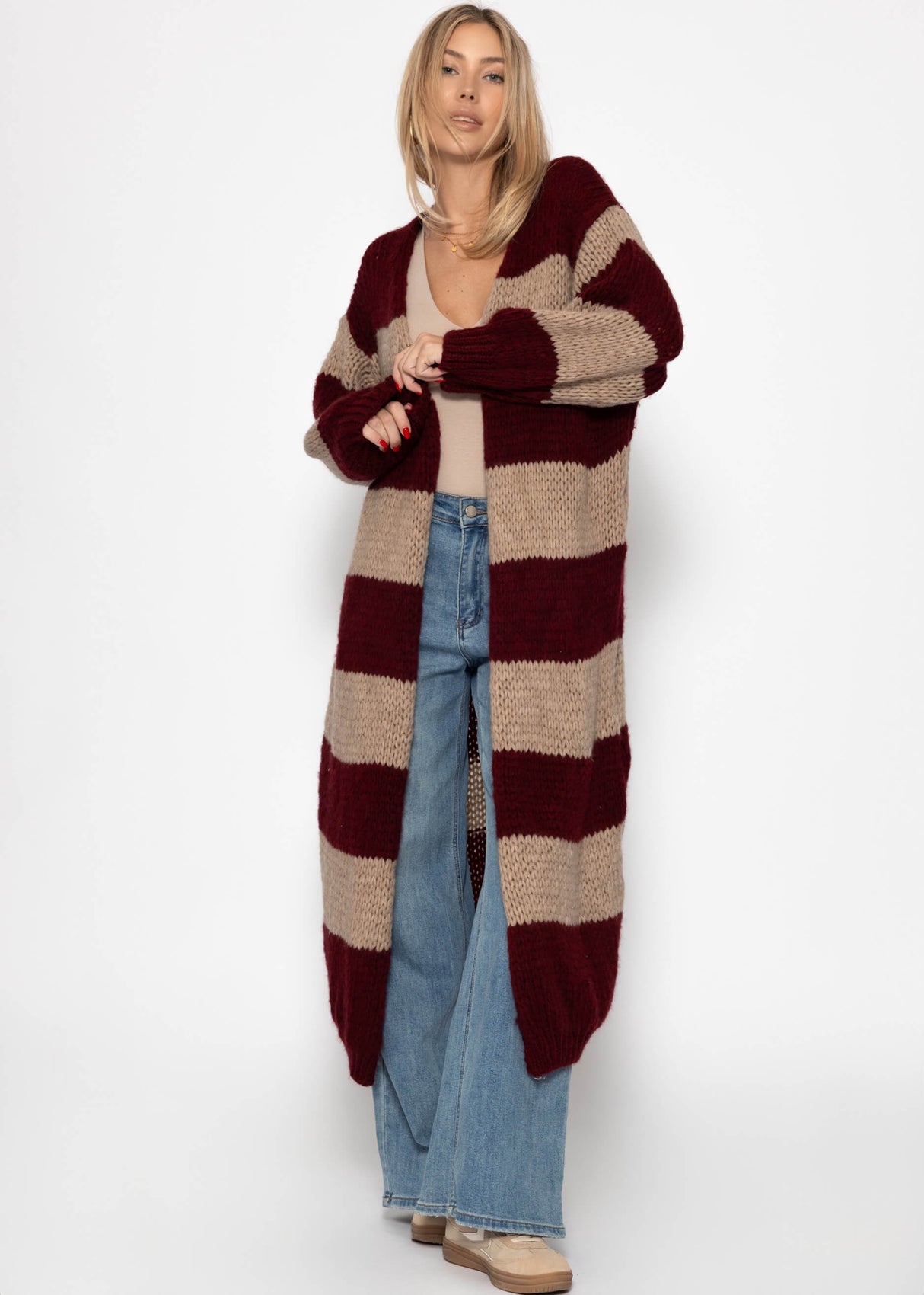 Extra long cardigan with block stripes - burgundy