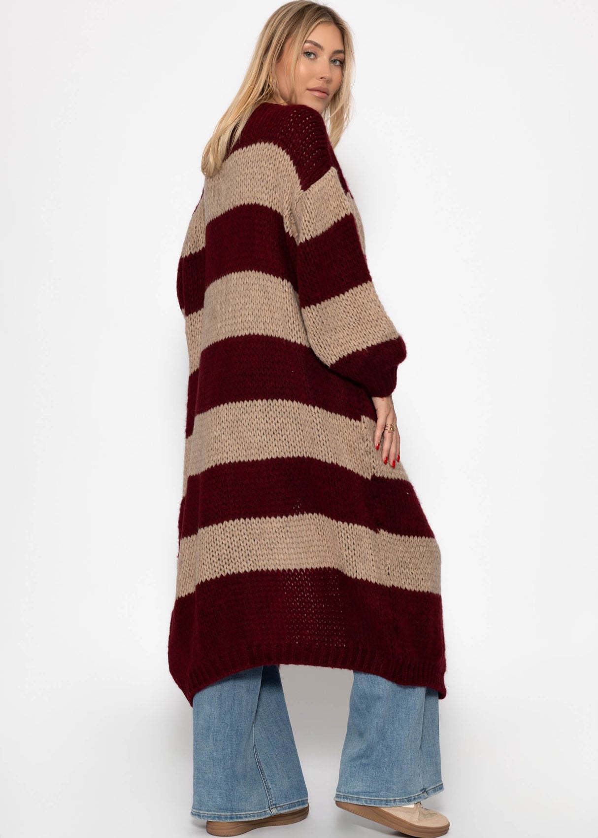 Extra long cardigan with block stripes - burgundy