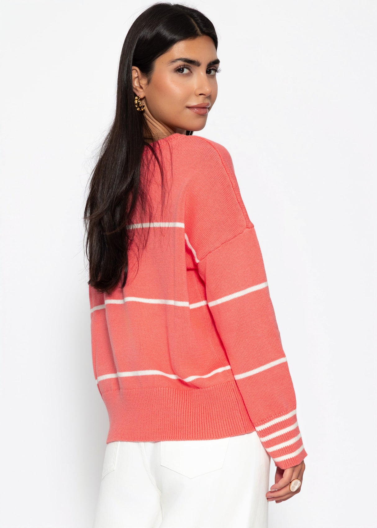 Feinstrickpullover mit Kontraststreifen - koralle