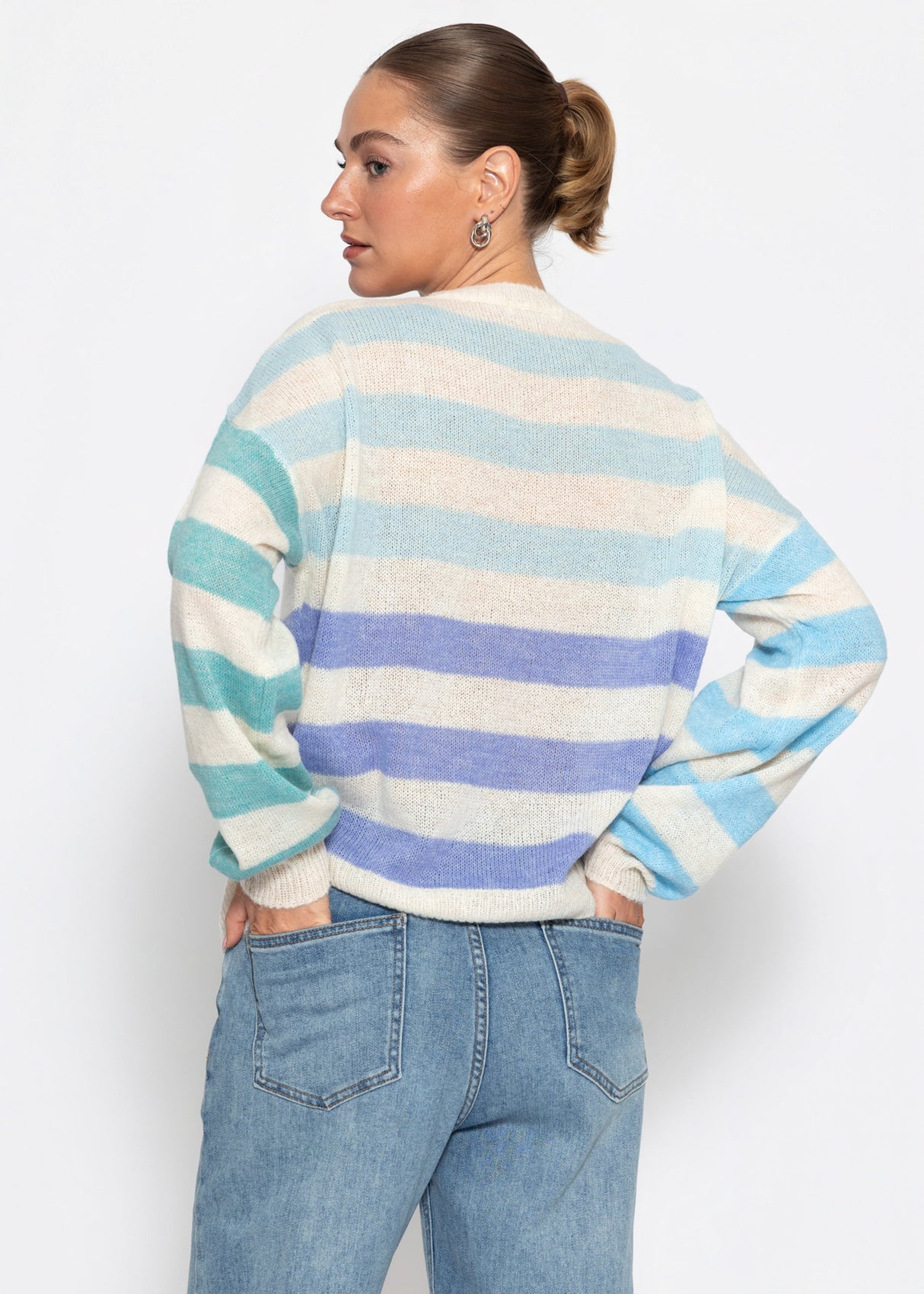 Feinstrickpullover mit Streifenmuster - blau