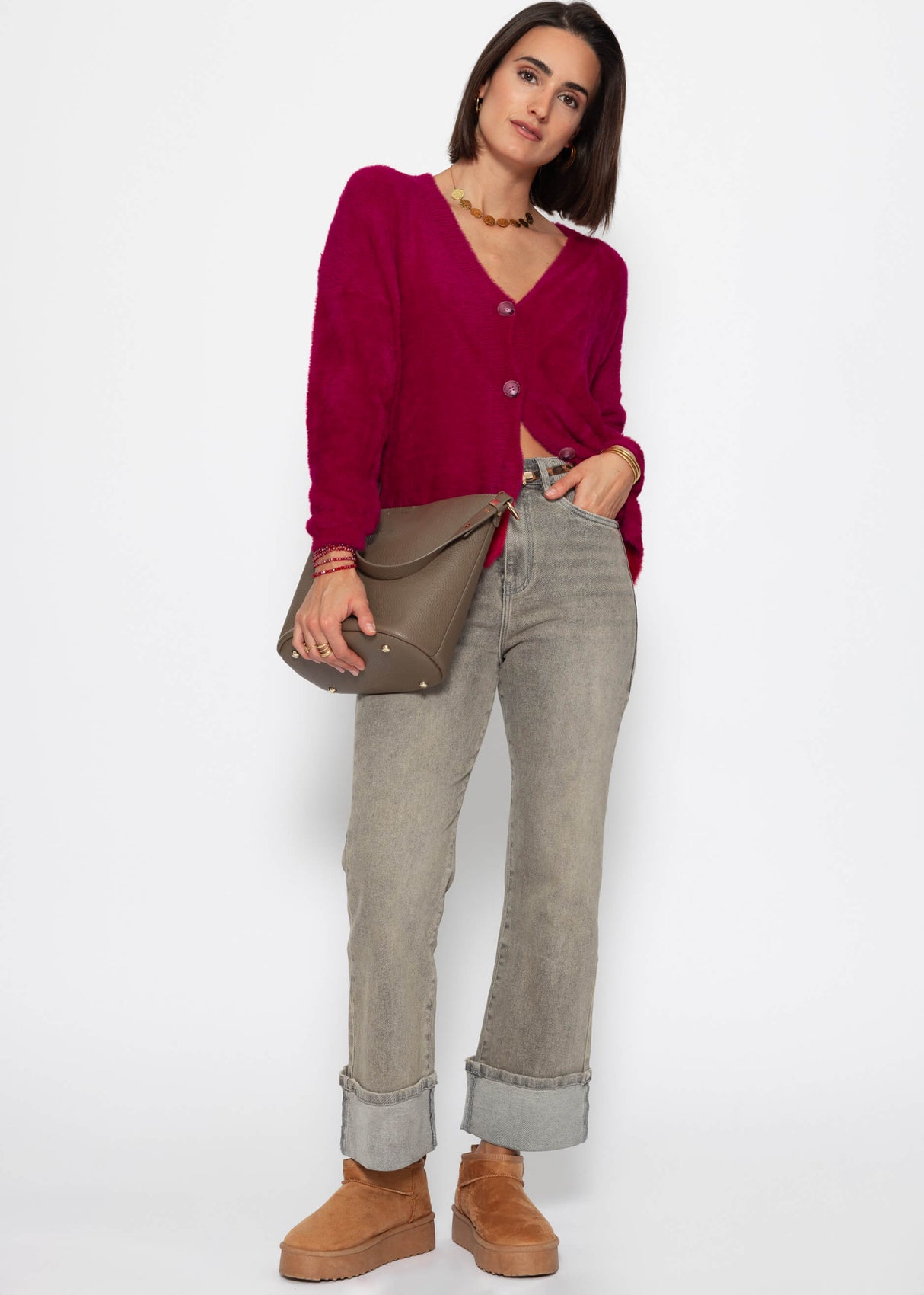 Fluffy button-up cardigan - berry