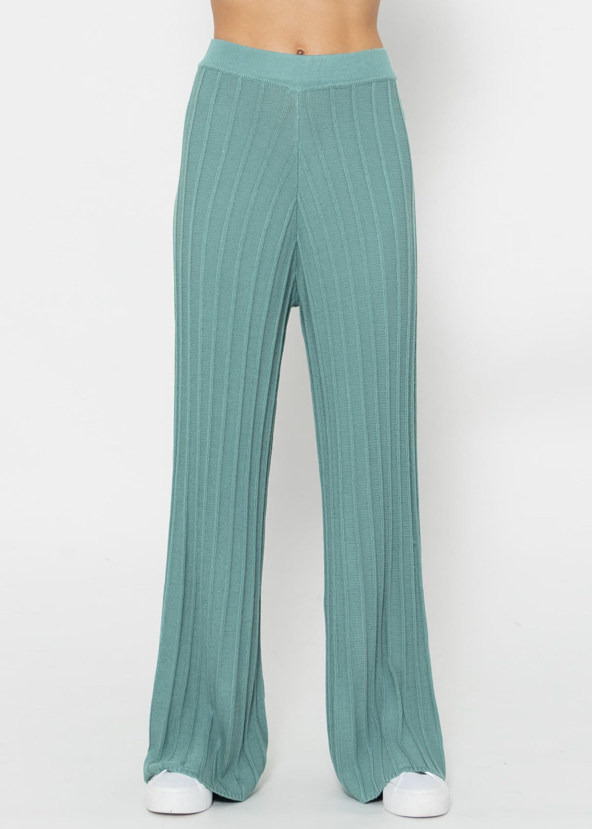 Fließende Strickhose mit Rippenstruktur - grün