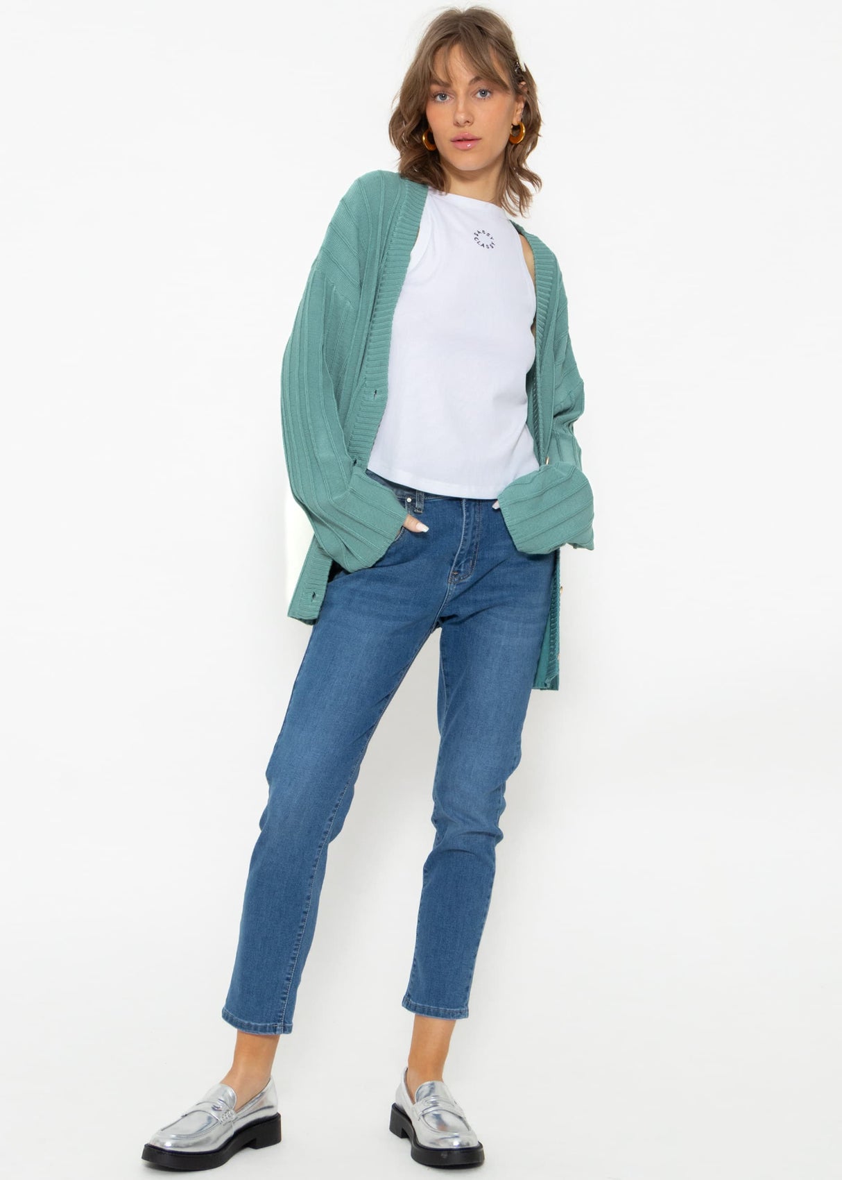Flowing cardigan with ribbed structure - green