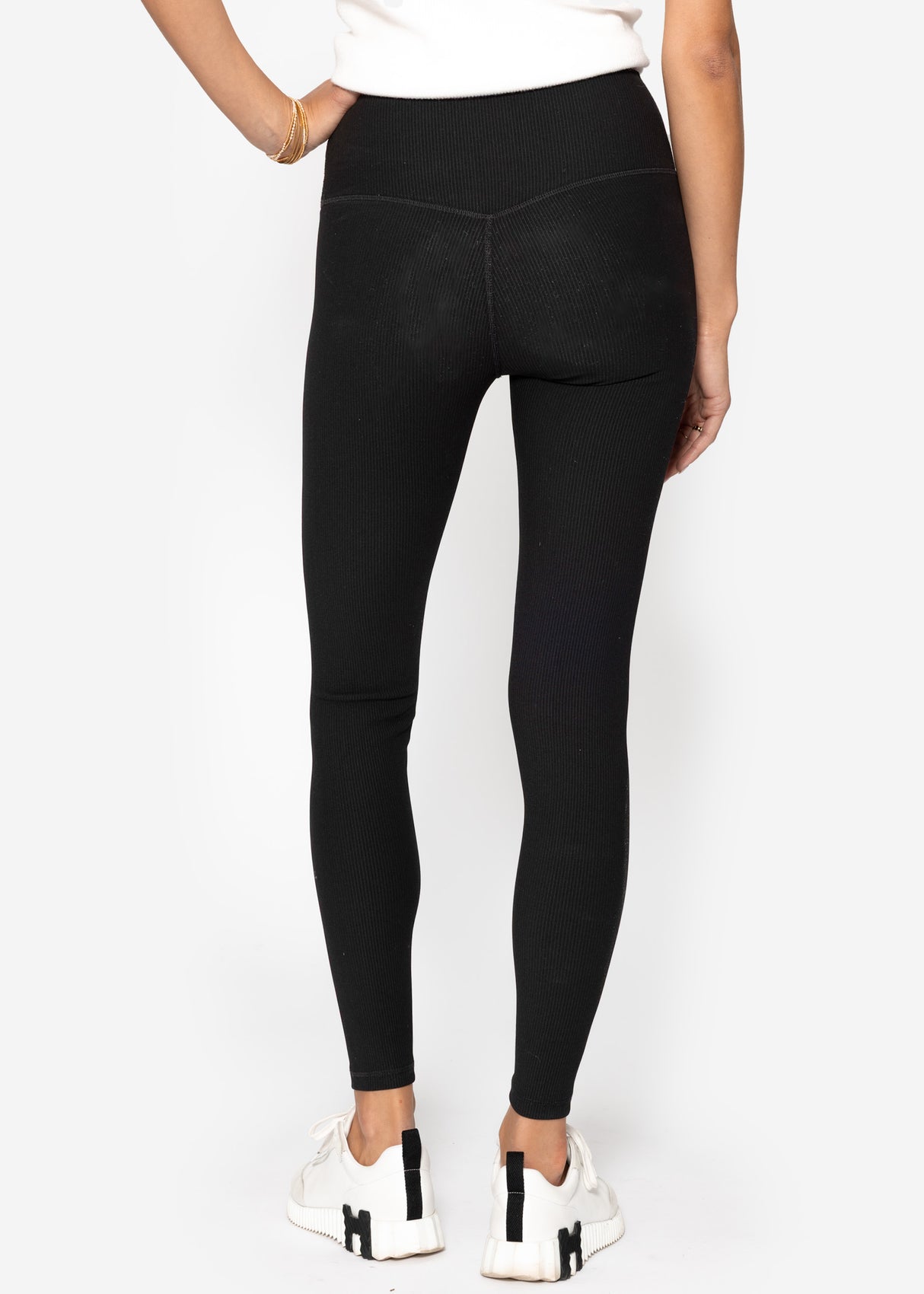Ribbed high-waisted sports leggings - black