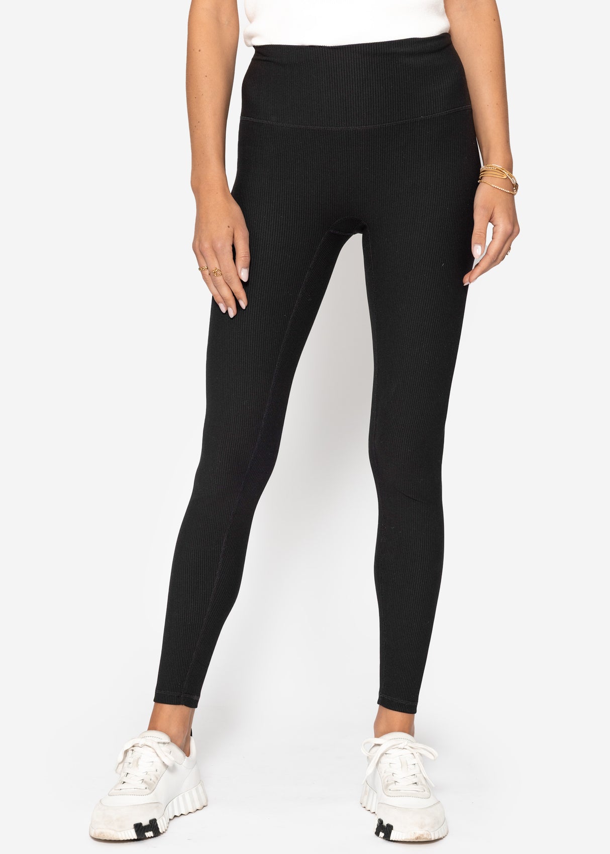 Ribbed high-waisted sports leggings - black