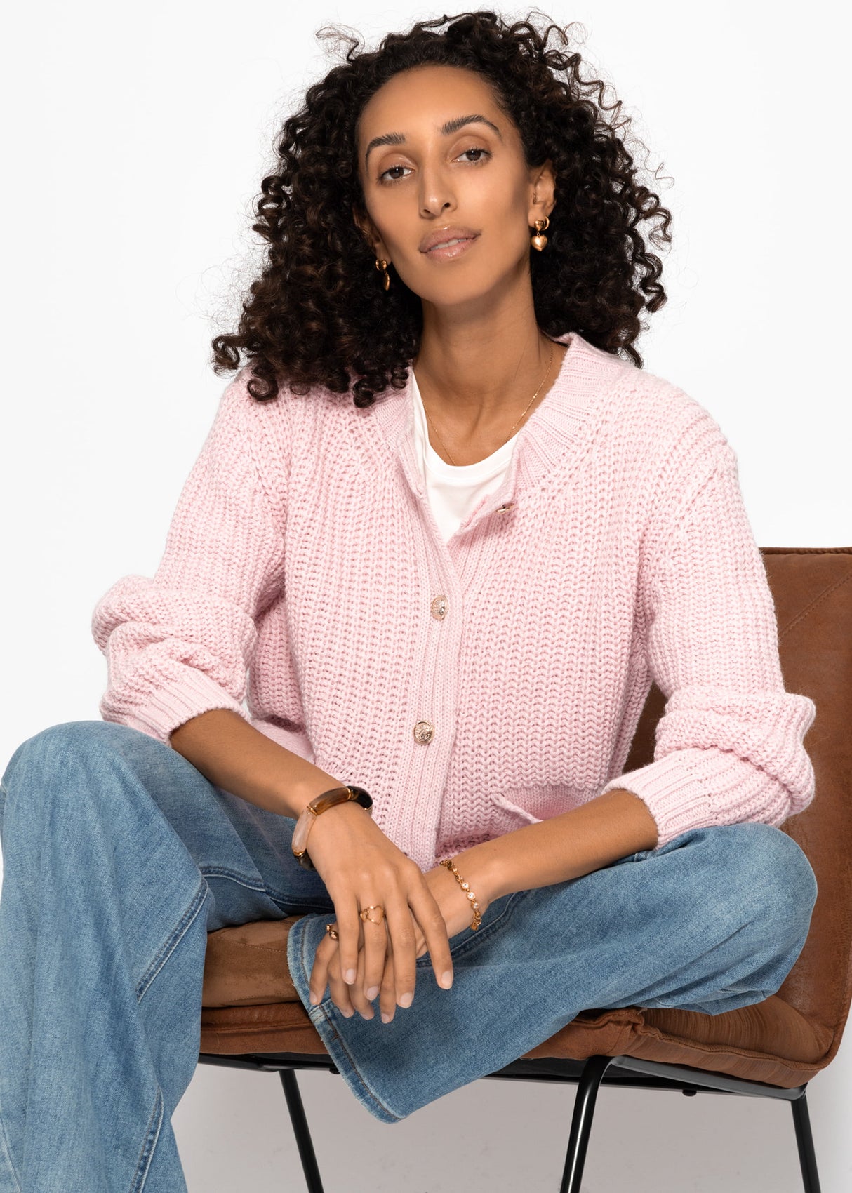 Cardigan with button placket and bags - taupe