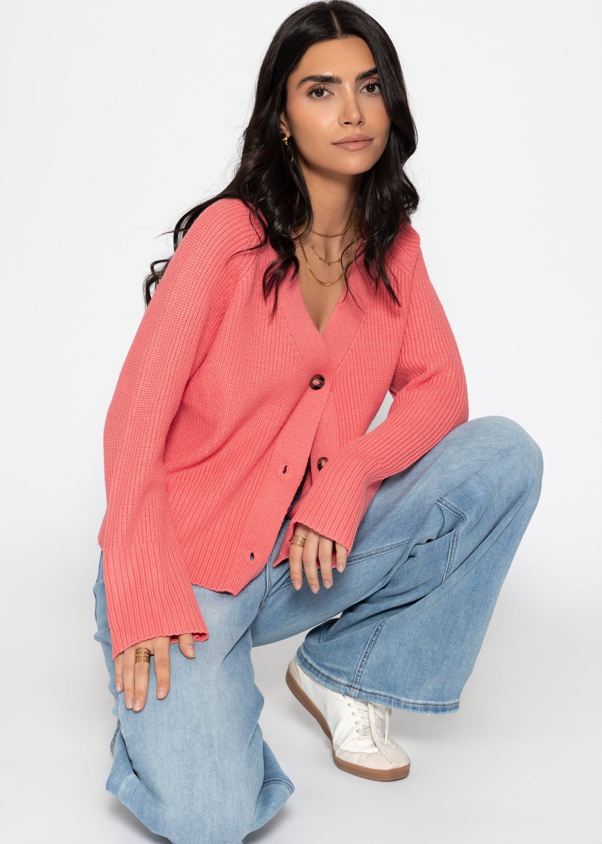 Gerippter Cardigan mit V-Ausschnitt - koralle