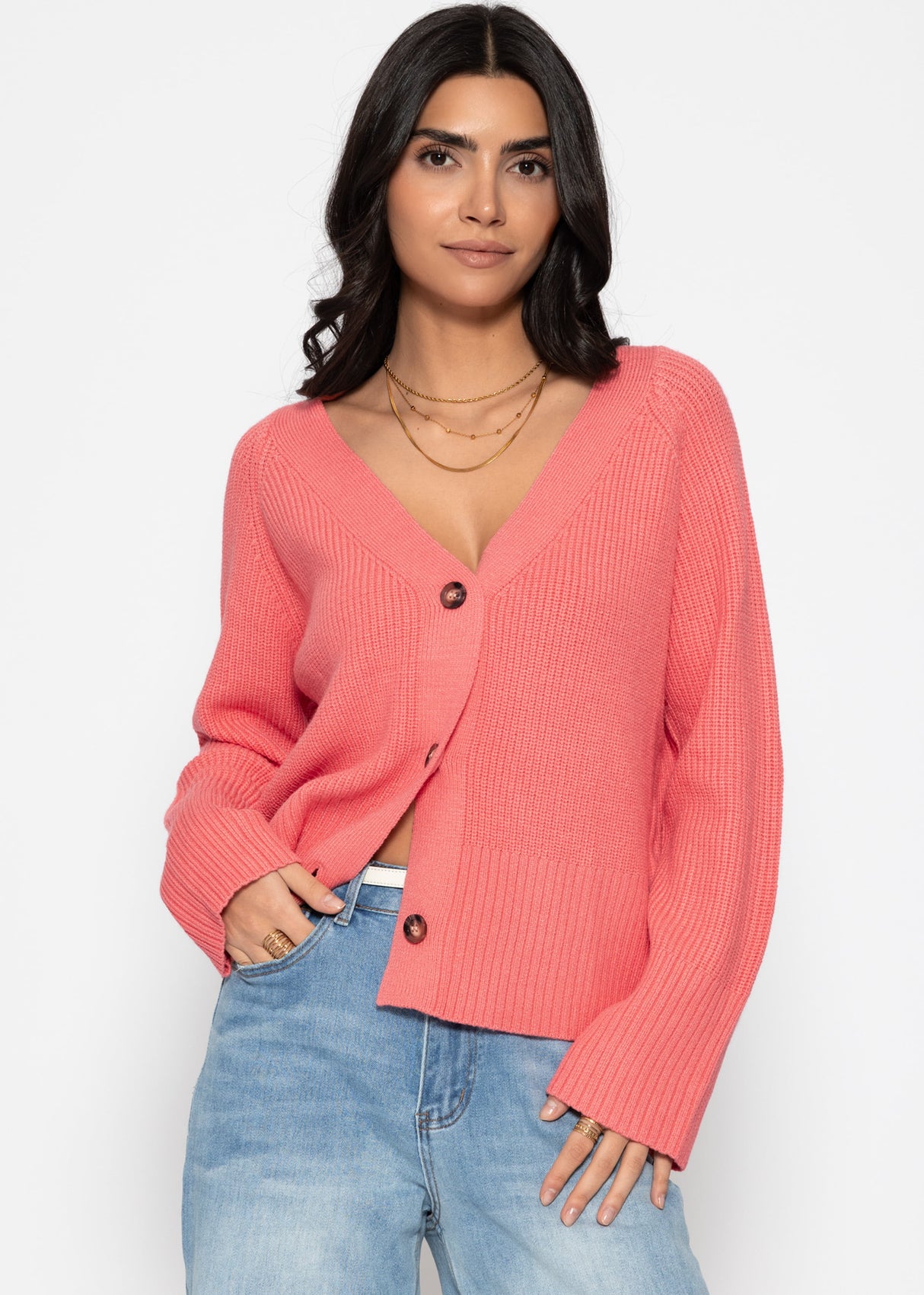 Gerippter Cardigan mit V-Ausschnitt - koralle