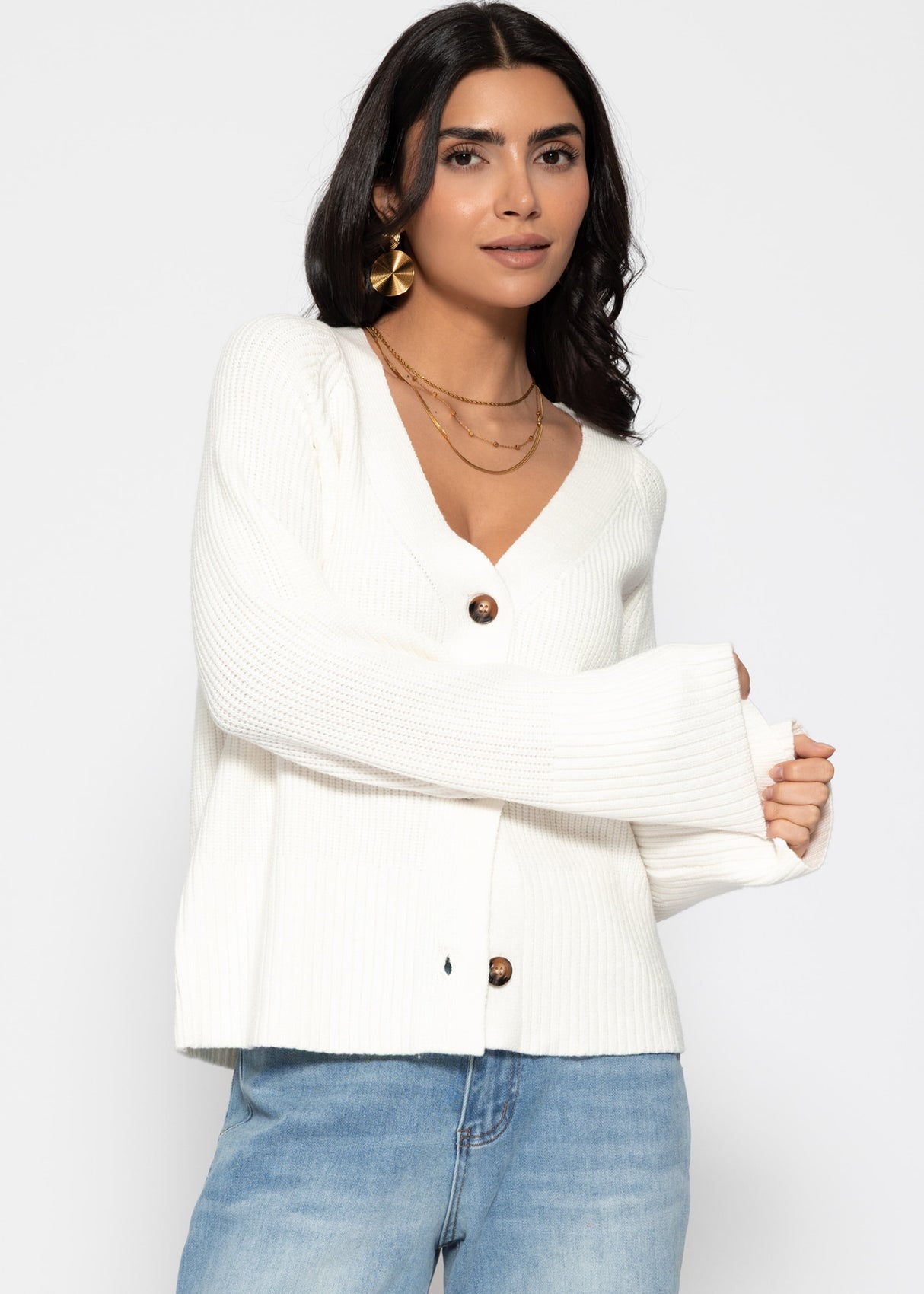Gerippter Cardigan mit V-Ausschnitt - offwhite