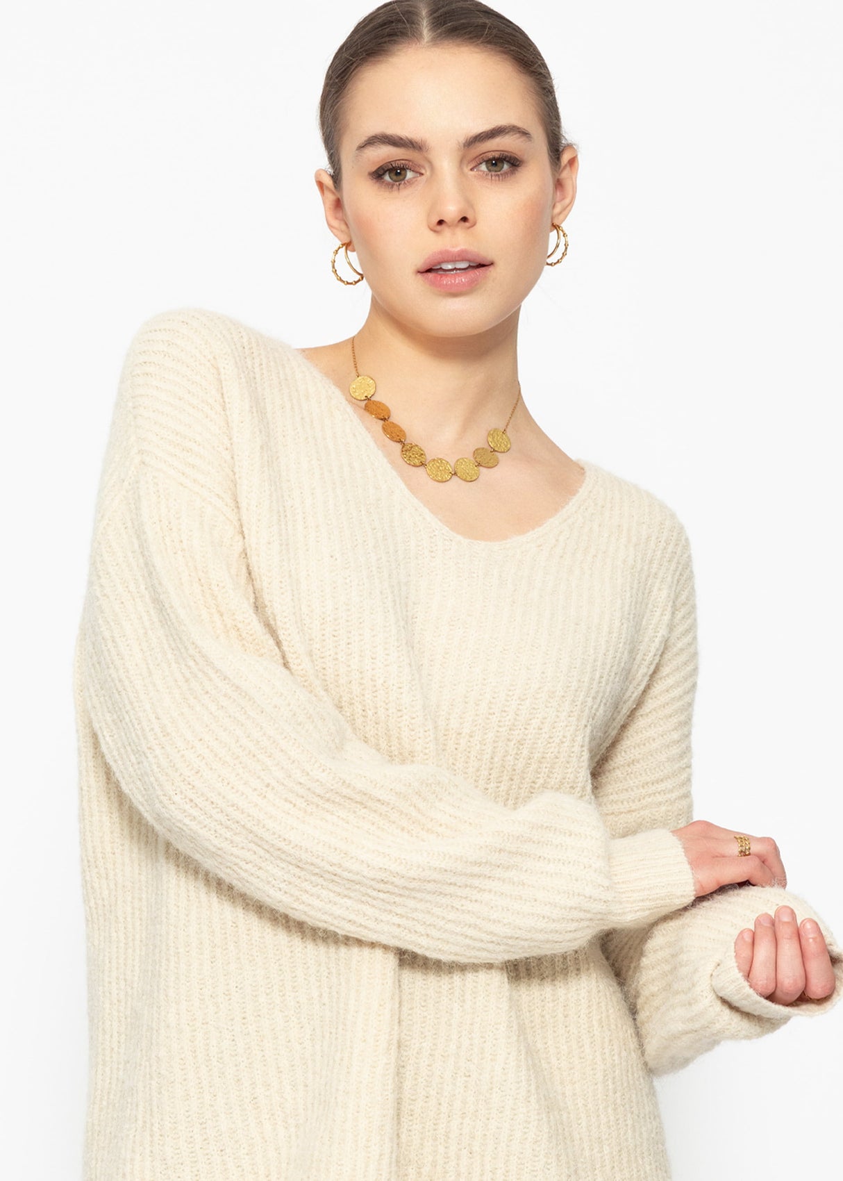 Gerippter Pullover mit V-Ausschnitt - beige