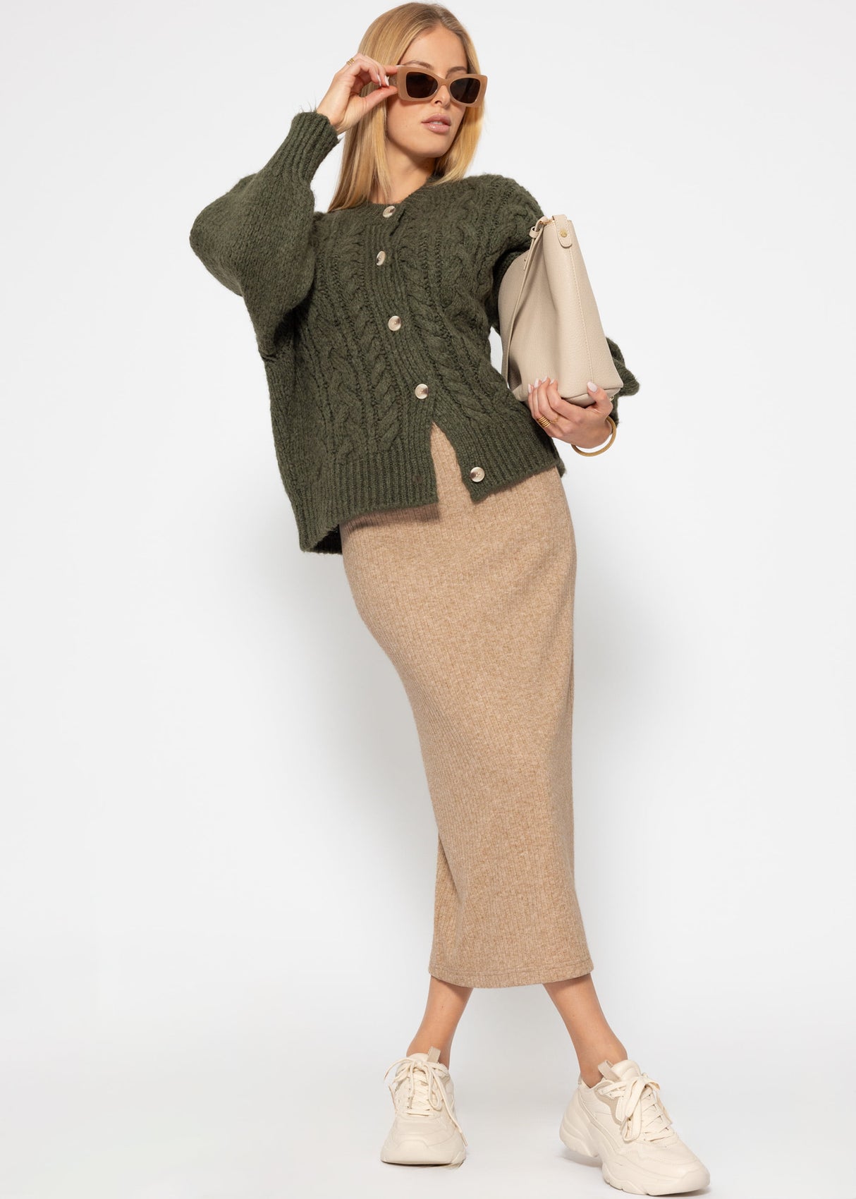 Gerippter Rock in Midi-Länge - beige