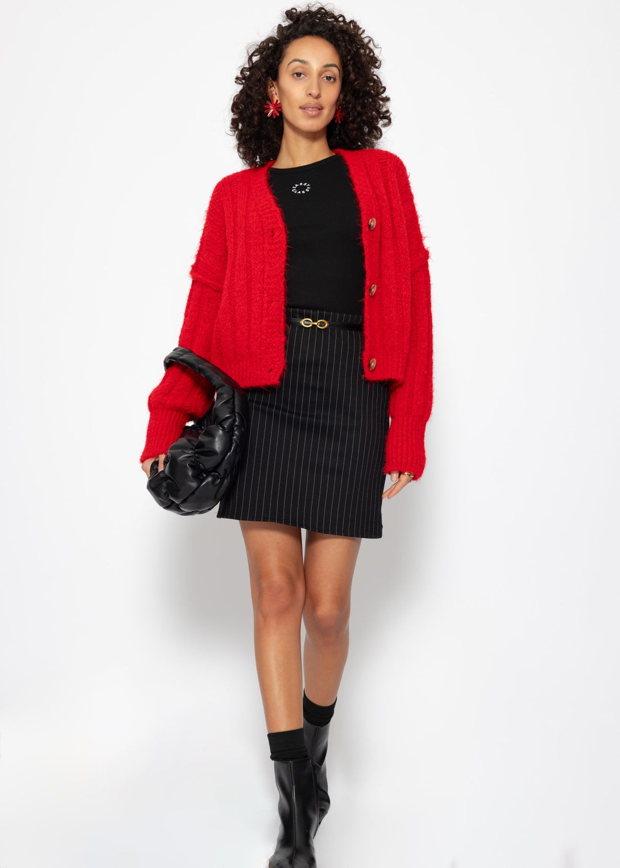 Ribbed knit cardigan with buttons - red