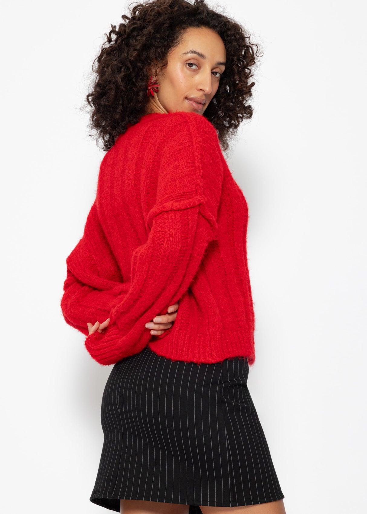 Ribbed knit cardigan with buttons - red