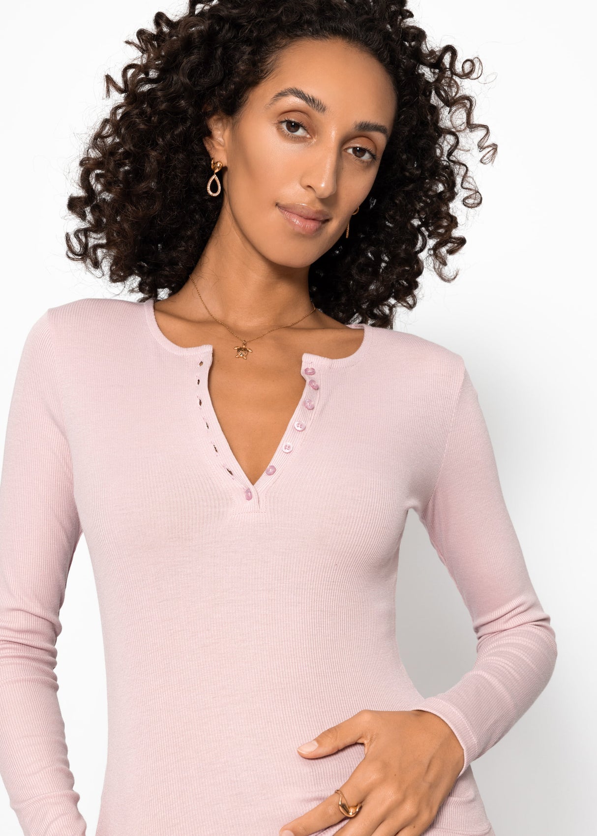 Ribbed T -shirt with button placket - powder pink