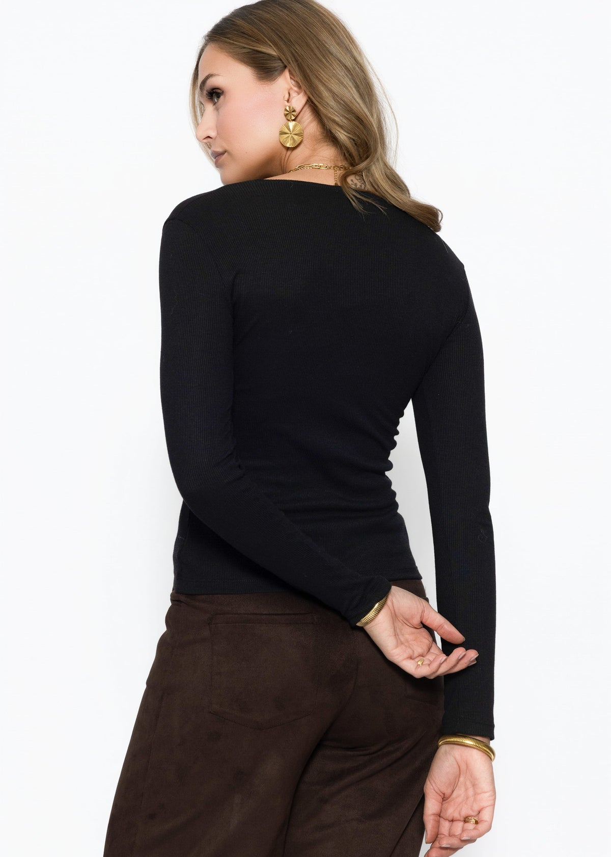 Ribbed long-sleeved top with button placket - black