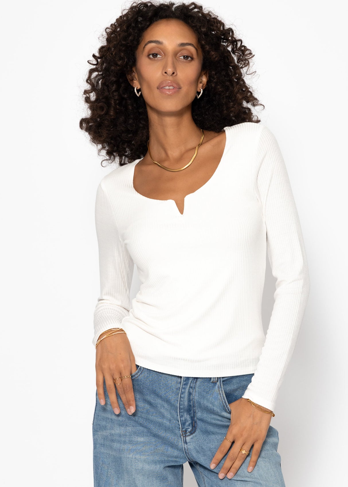 Geripptes Langarmshirt - offwhite