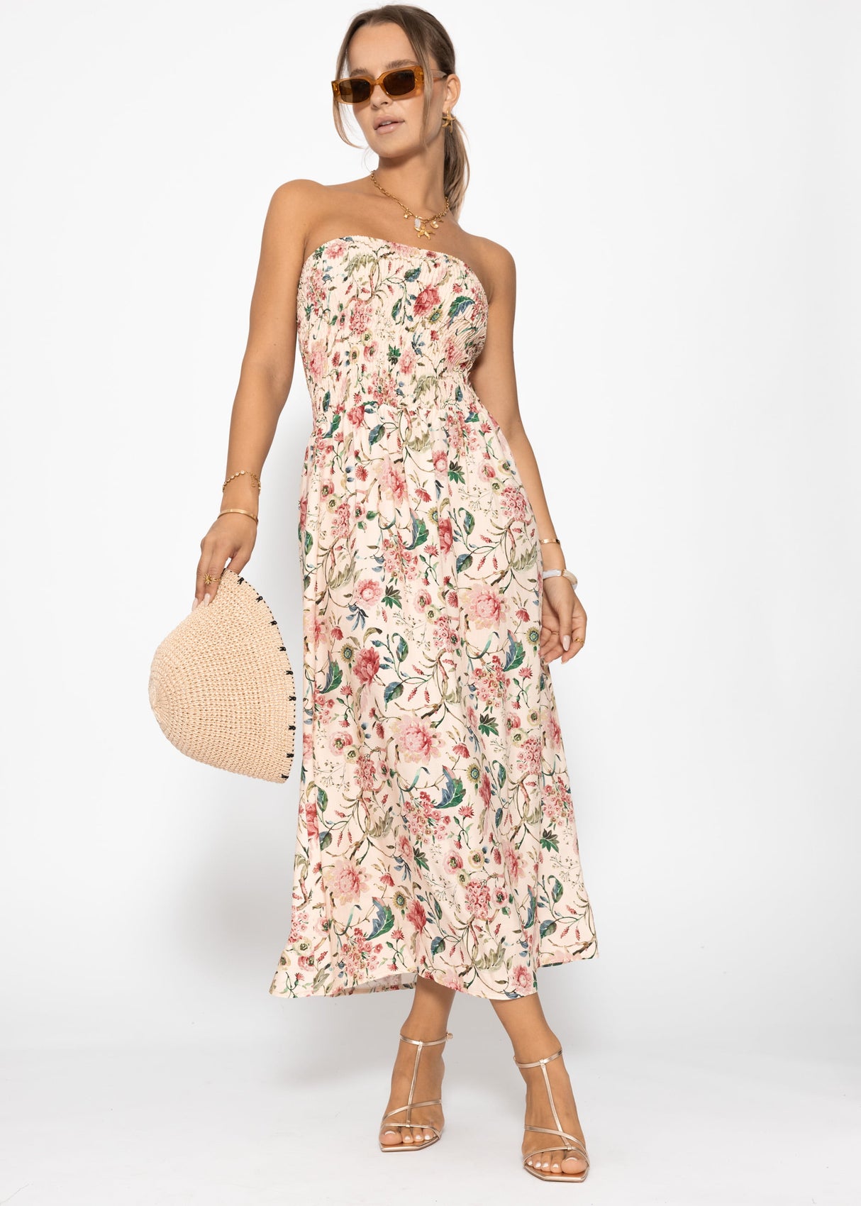 Gesmoktes Bandeau-Kleid mit floralem Print - beige