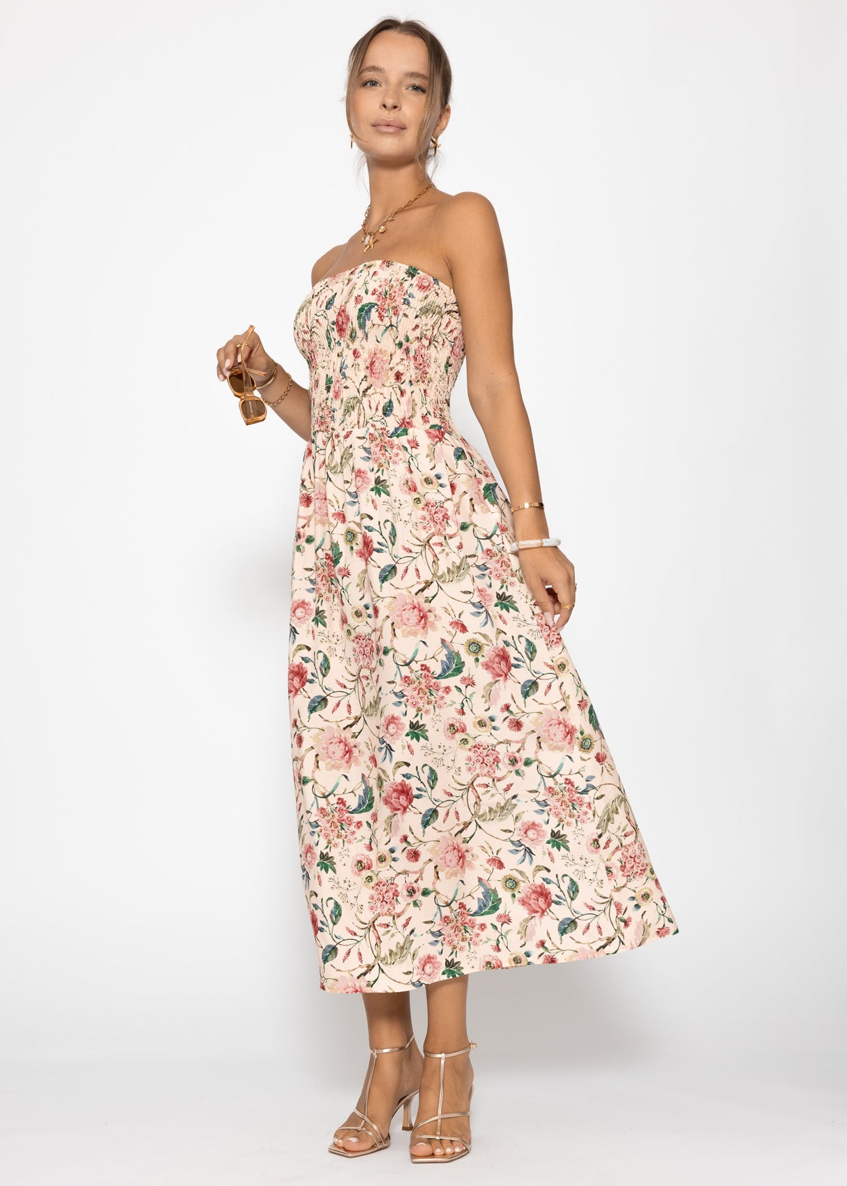 Gesmoktes Bandeau-Kleid mit floralem Print - beige