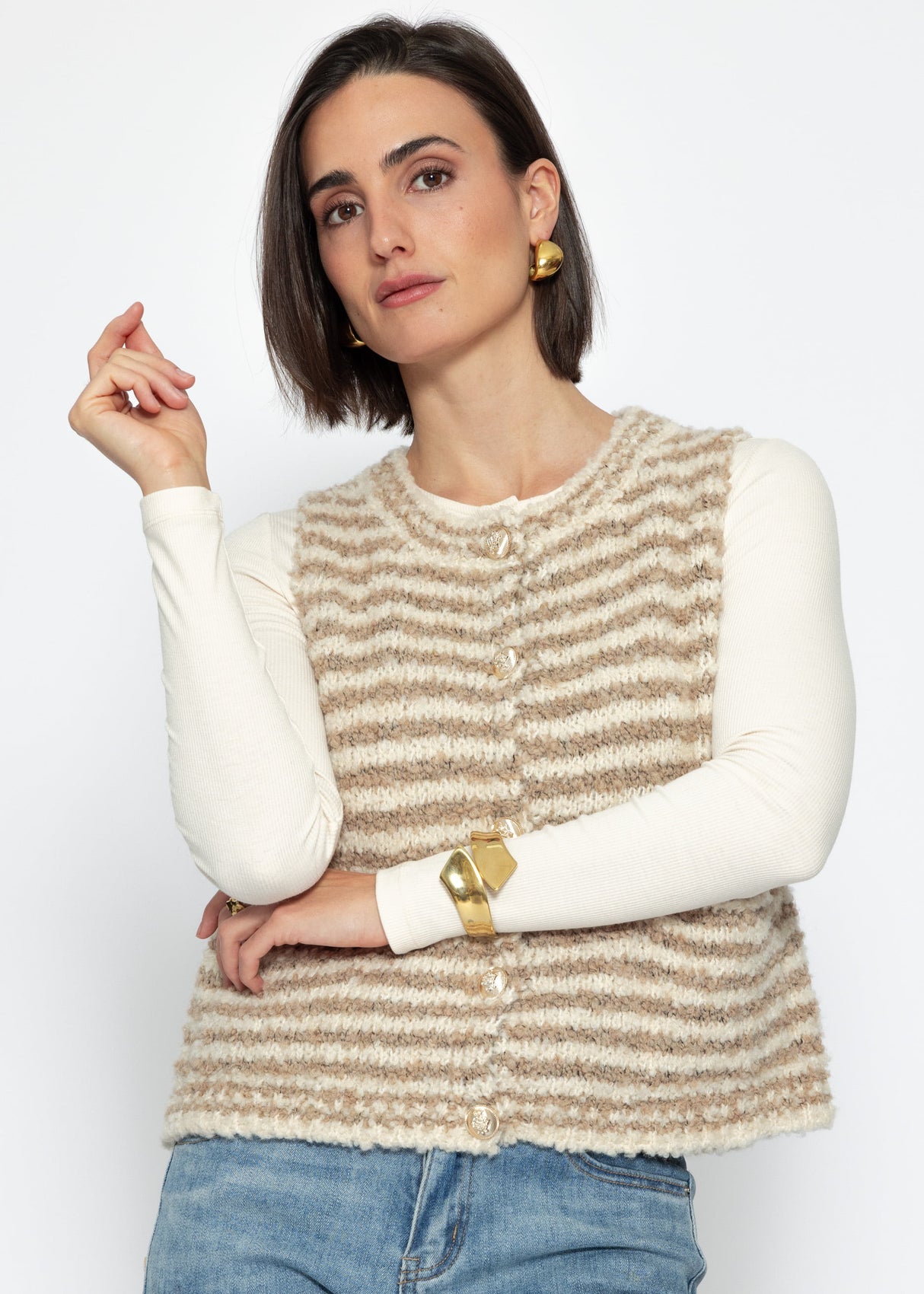 Striped bouclé vest with pockets - beige-off-white