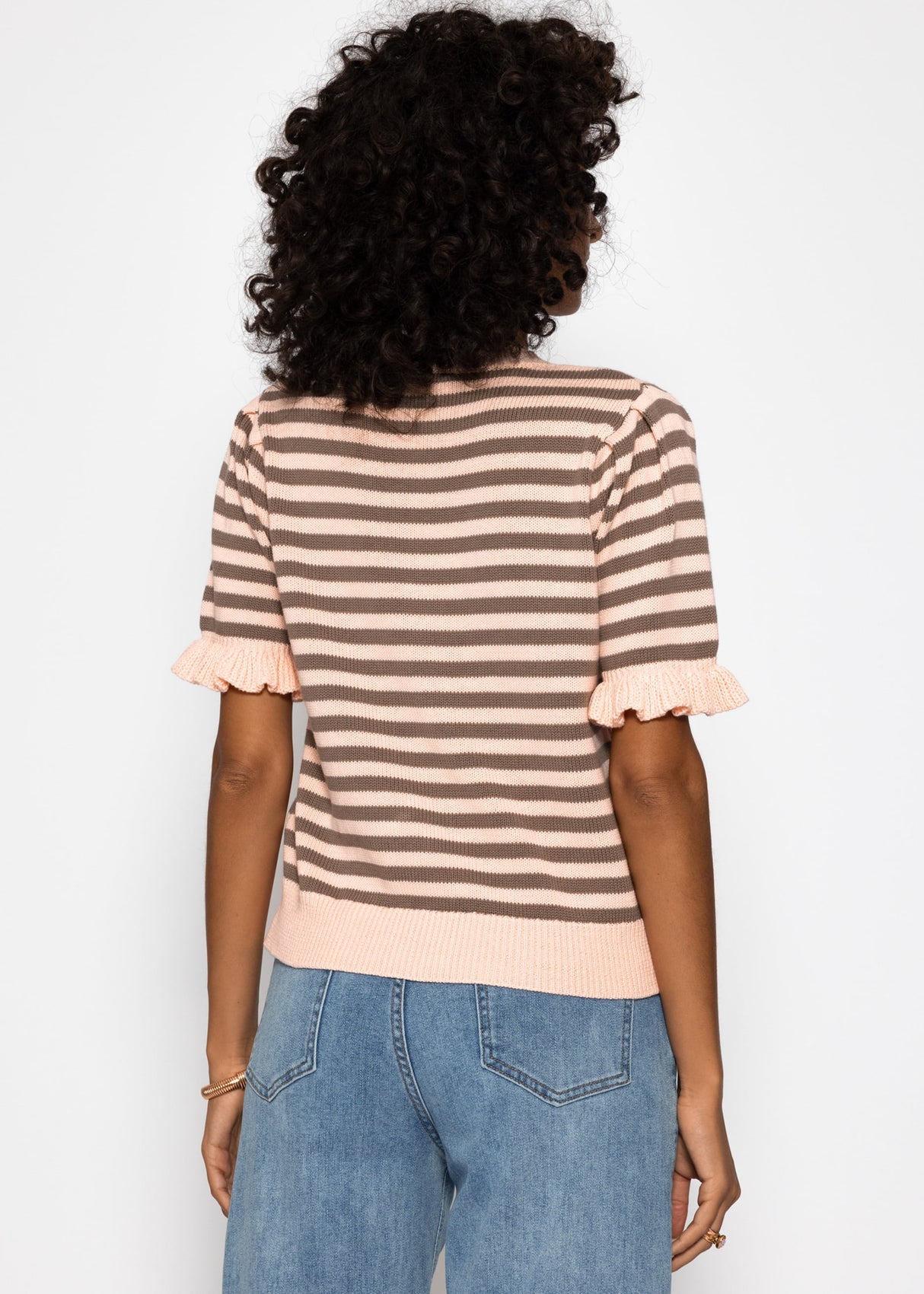 Striped short-sleeved cardigan with ruffles - pink-taupe
