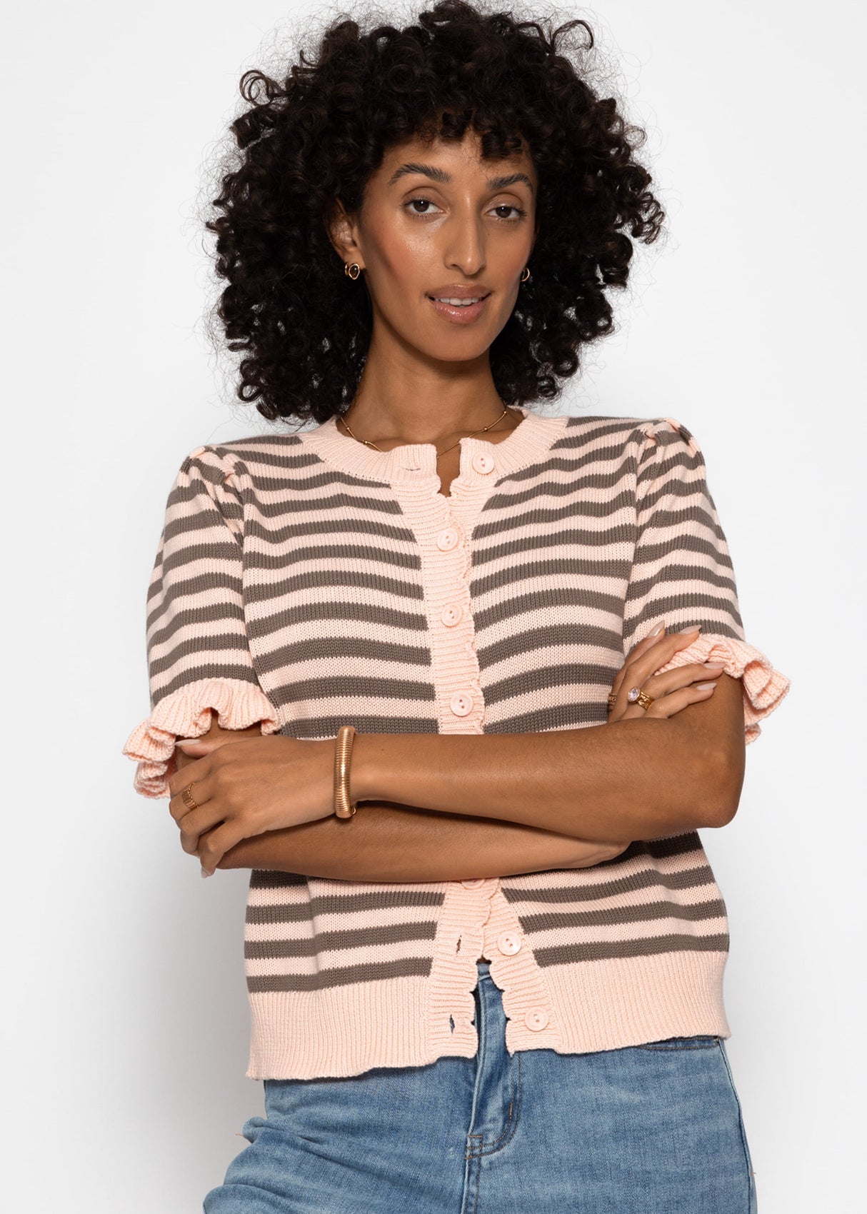 Striped short-sleeved cardigan with ruffles - pink-taupe