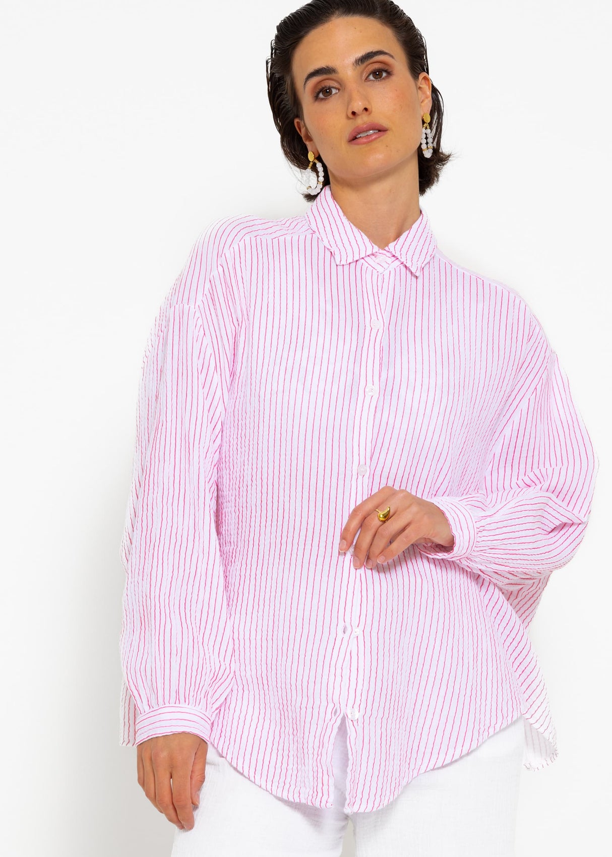 Striped muslin blouse oversize, short, pink/white