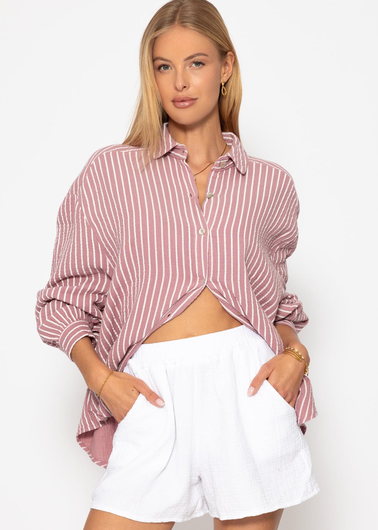 Gestreifte oversize Musselin Bluse - altrosa