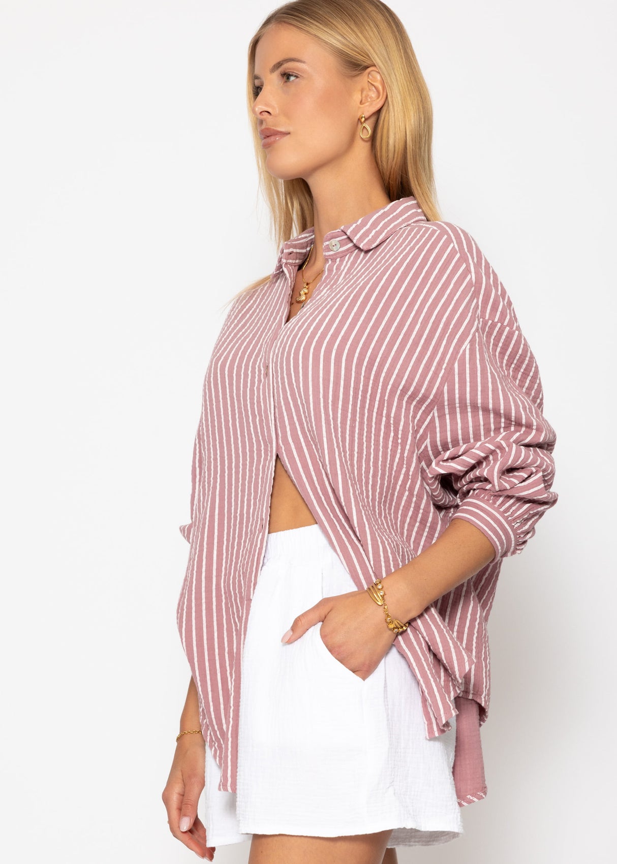 Gestreifte oversize Musselin Bluse - altrosa