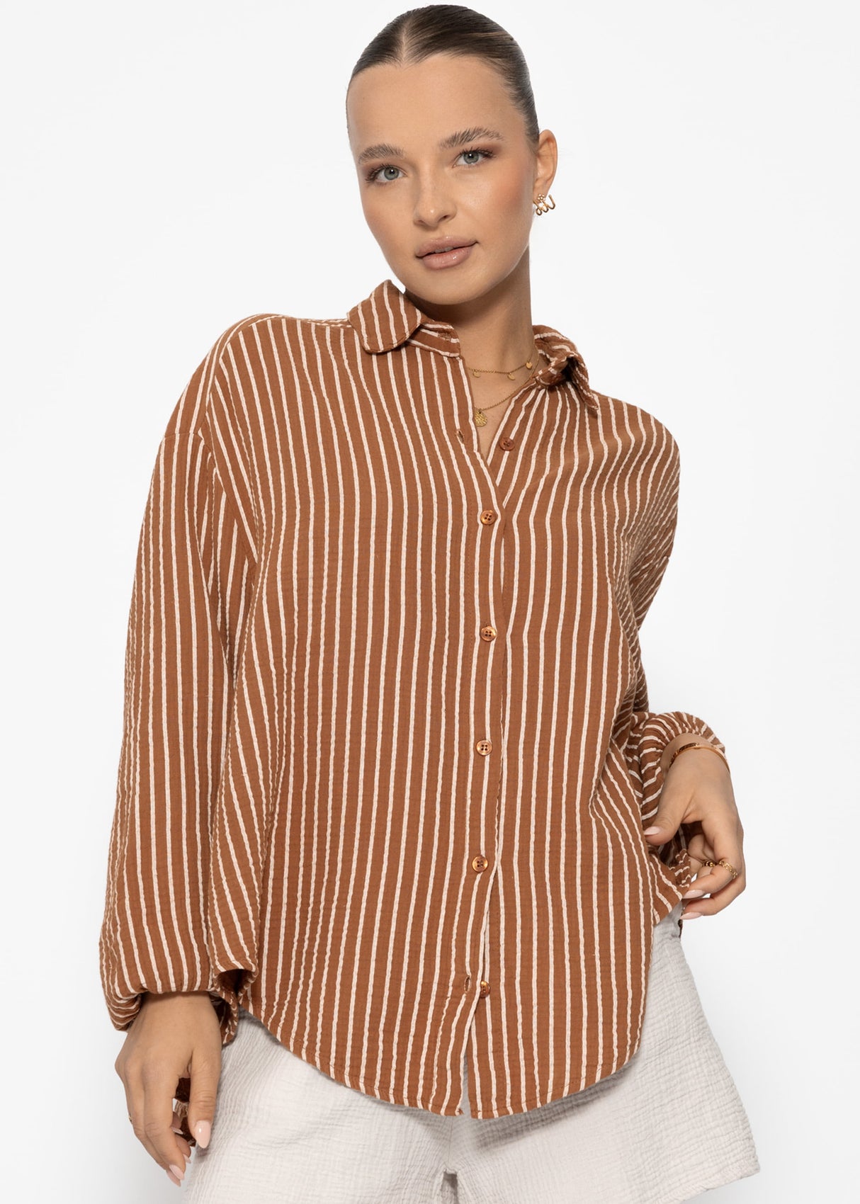 Striped oversize muslin blouse - cognac