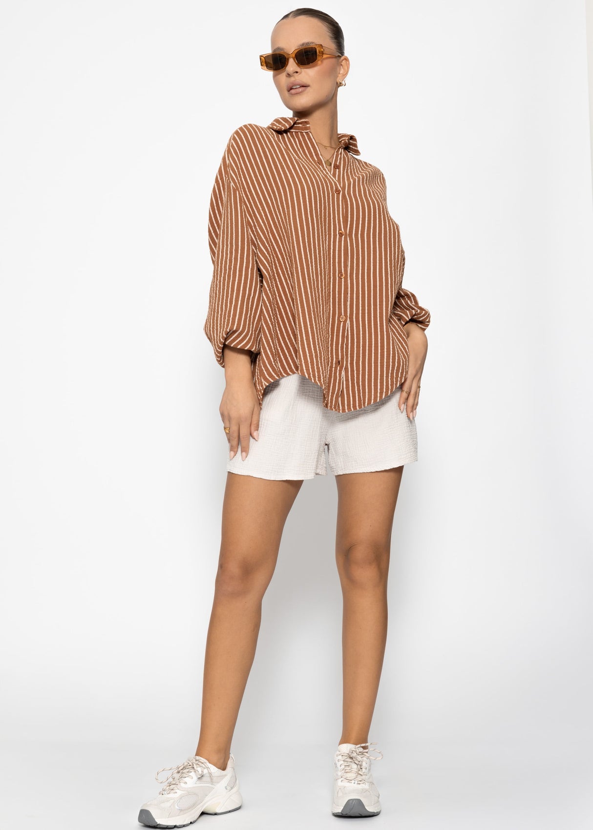 Striped oversize muslin blouse - cognac
