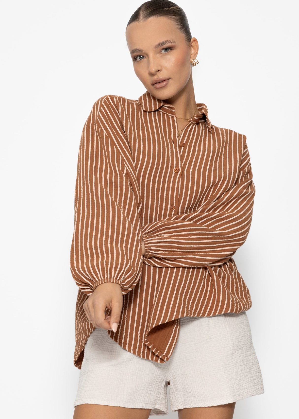 Striped oversize muslin blouse - cognac