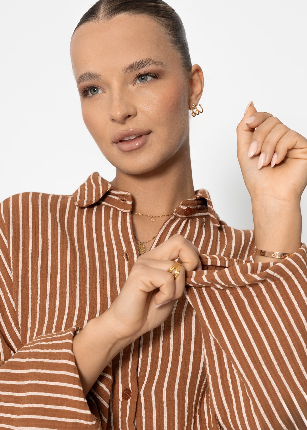 Striped oversize muslin blouse - cognac