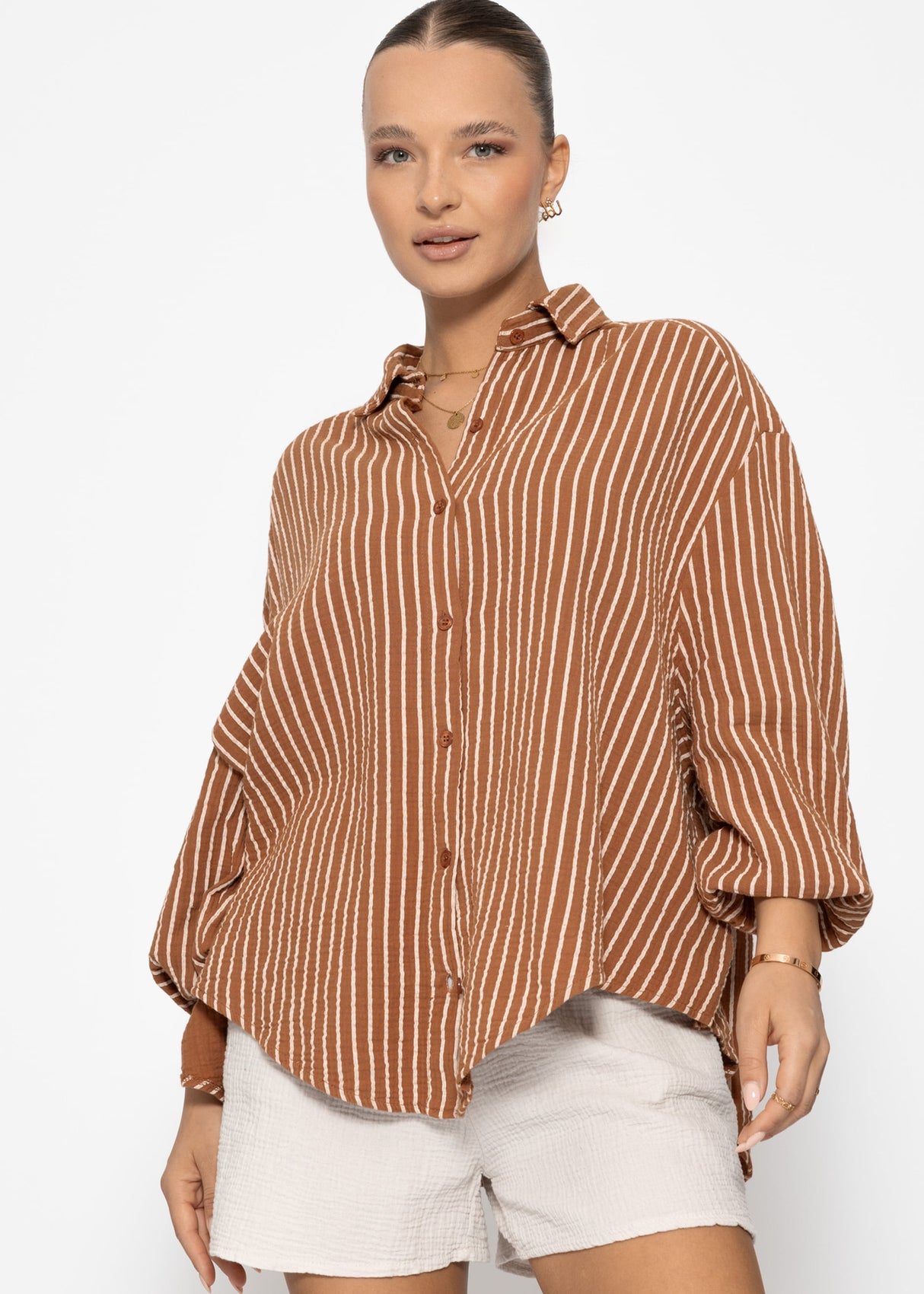 Striped oversize muslin blouse - cognac