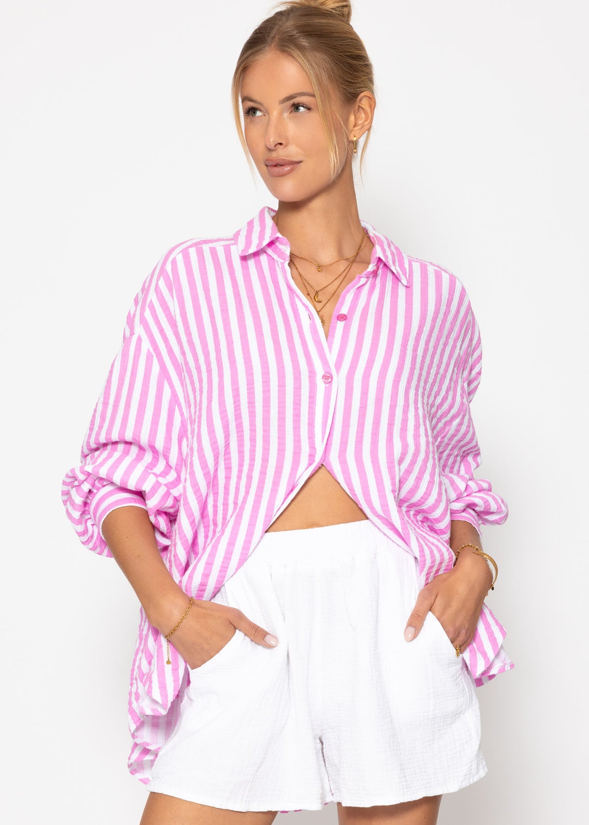 Gestreifte Oversize Musselin Bluse - rosa