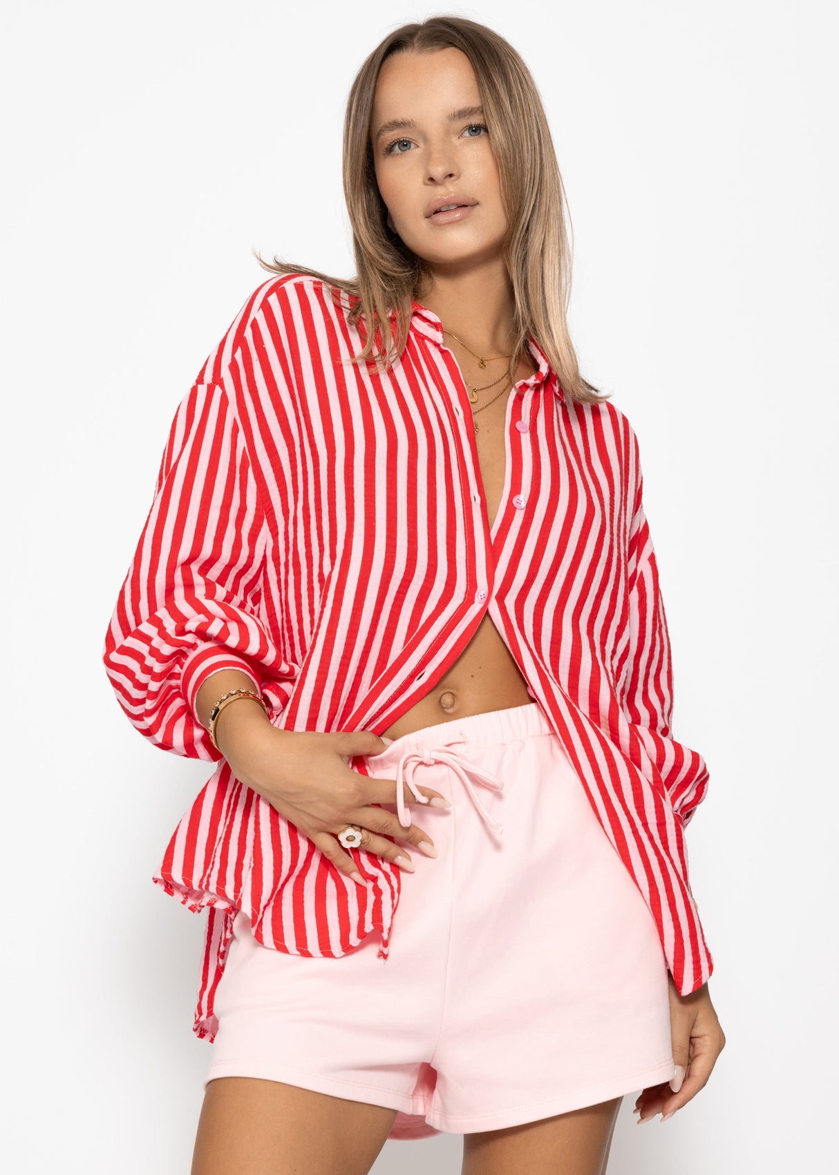 Striped oversize musselin blouse - red -pink