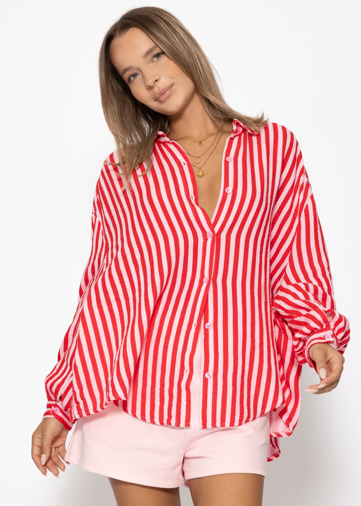 Striped oversize musselin blouse - red -pink