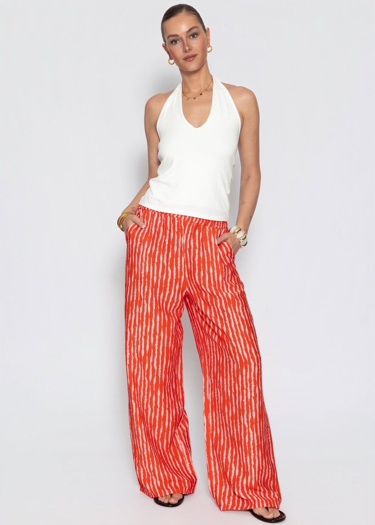 Gestreifte Viskose Hose - orange