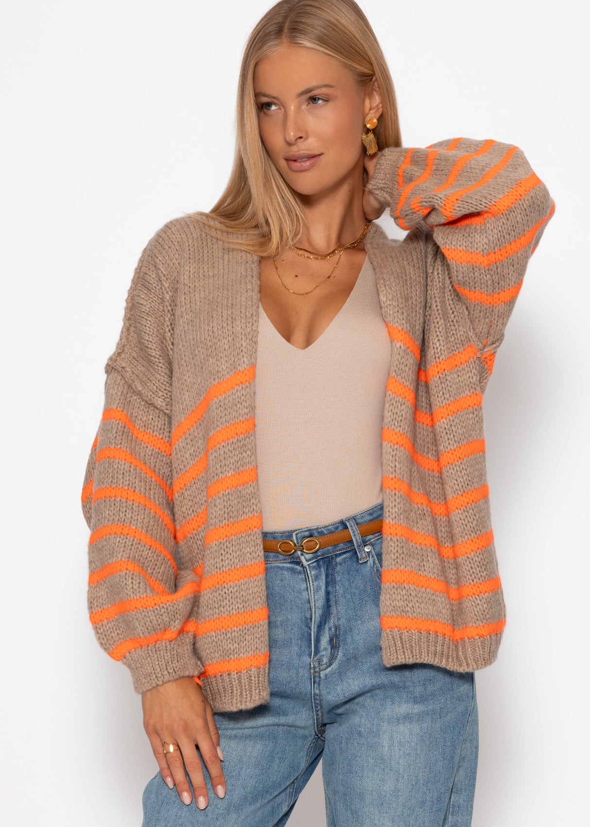 Striped cardigan with outer seams - beige