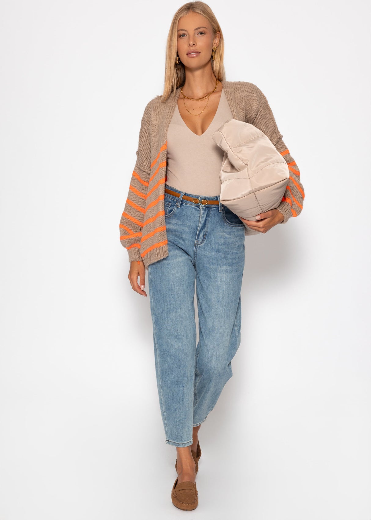 Striped cardigan with outer seams - beige