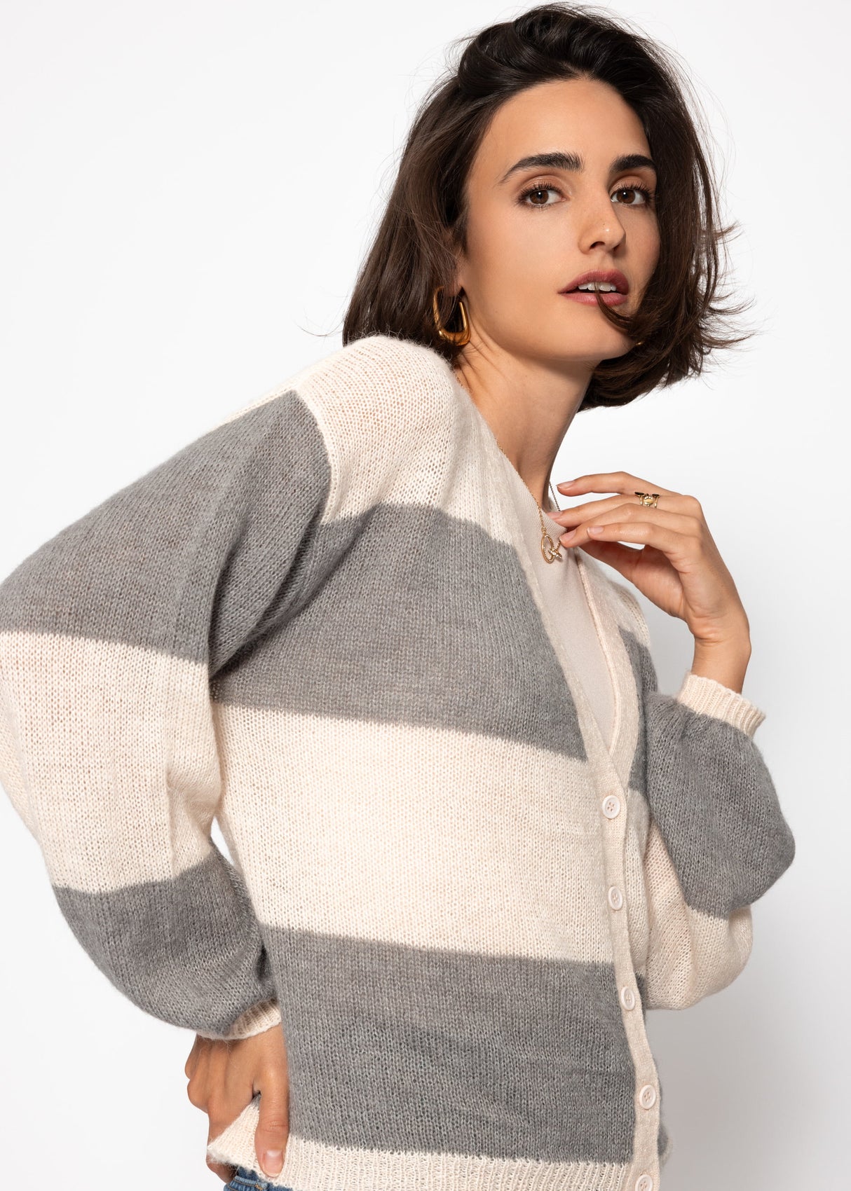 Gestreifter Feinstrick Cardigan mit V-Ausschnitt - grau-hellbeige