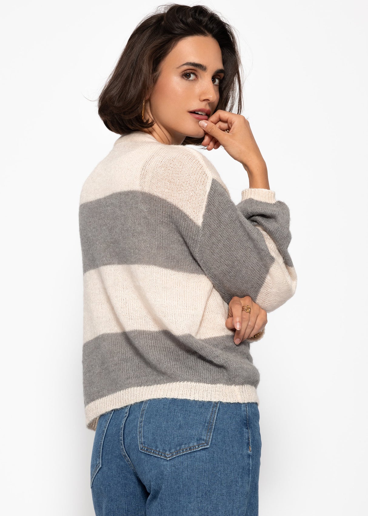 Gestreifter Feinstrick Cardigan mit V-Ausschnitt - grau-hellbeige