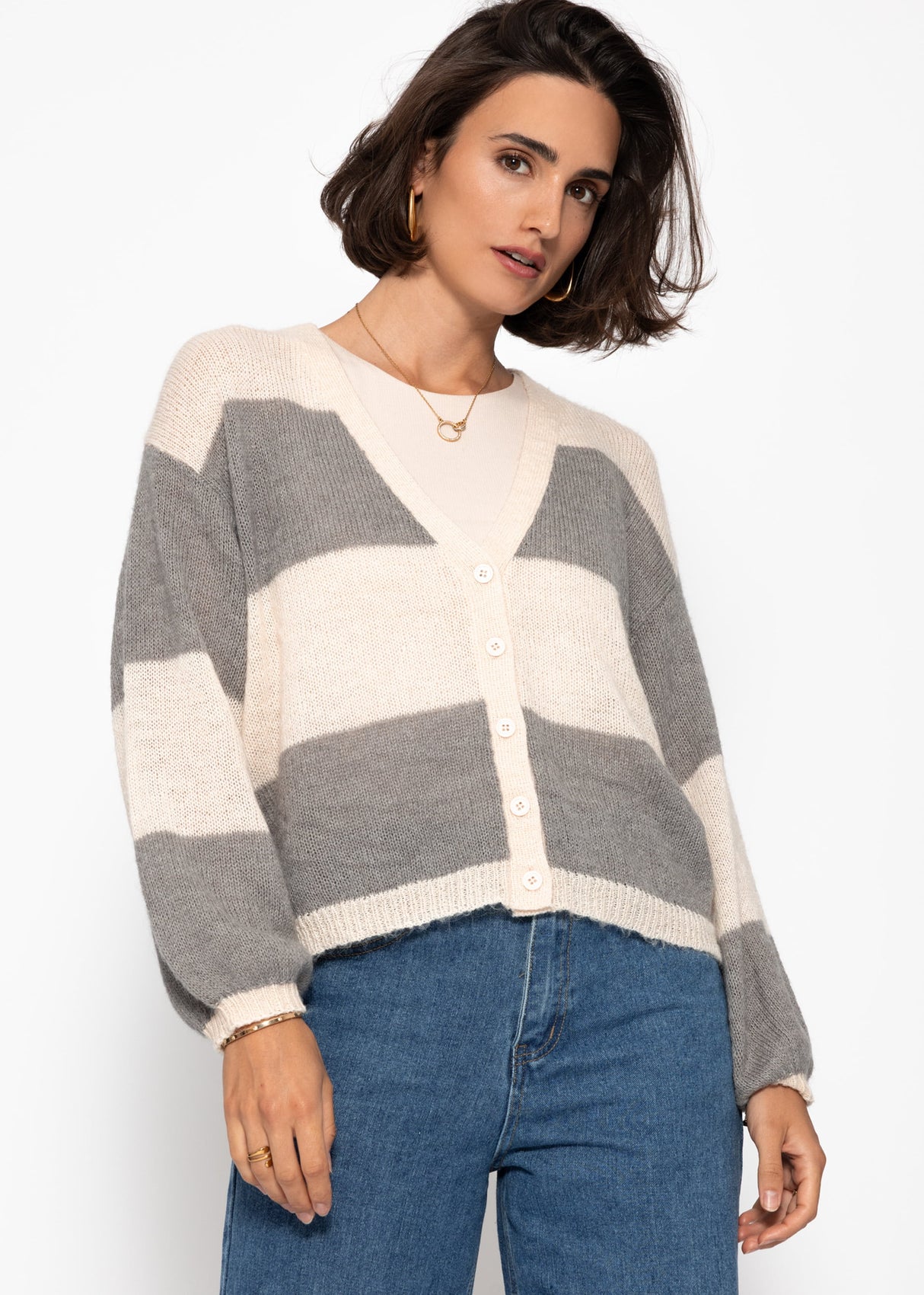 Gestreifter Feinstrick Cardigan mit V-Ausschnitt - grau-hellbeige