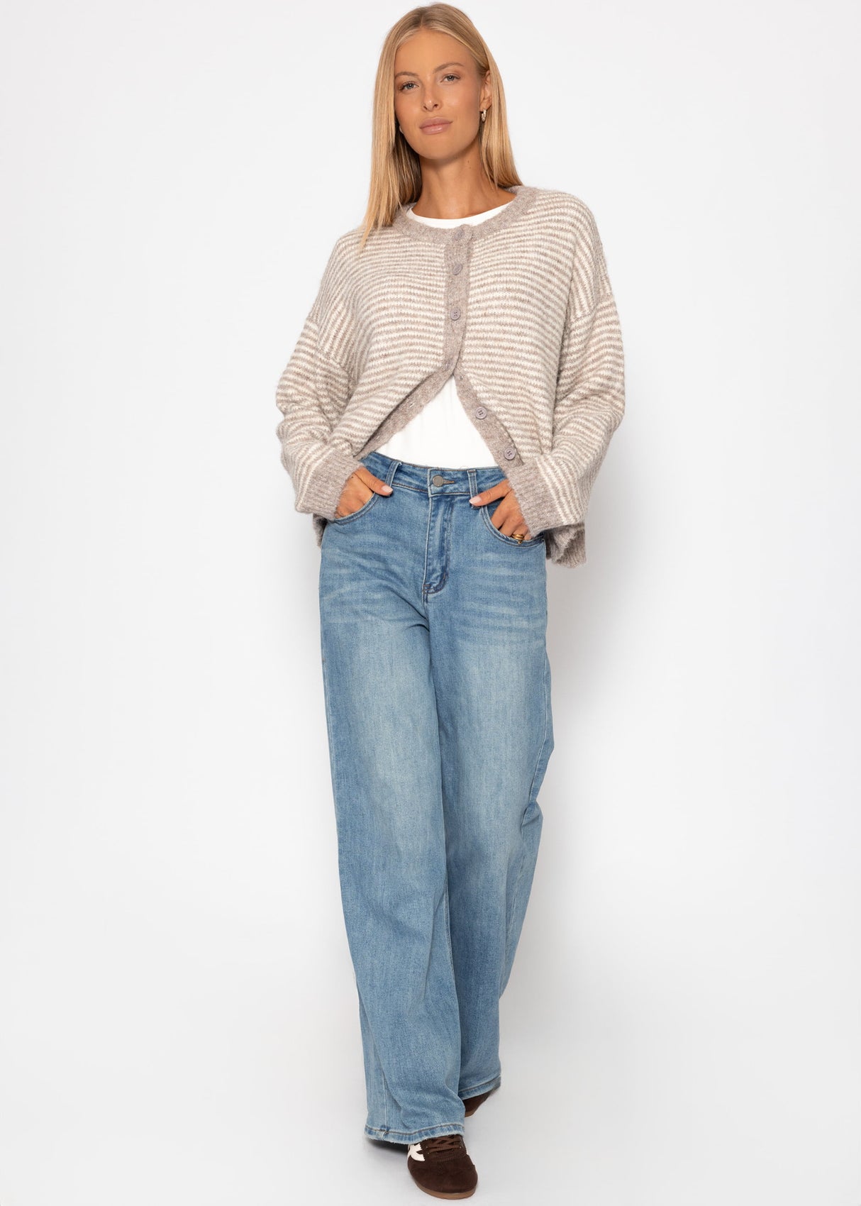 Gestreifter Cardigan - taupe