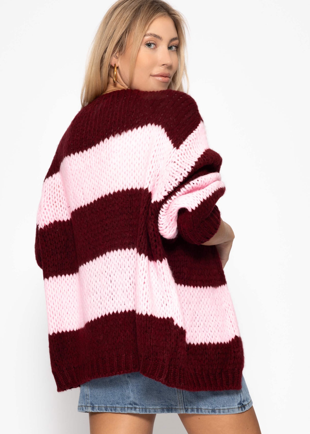 Gestreifter oversize Cardigan - burgundy