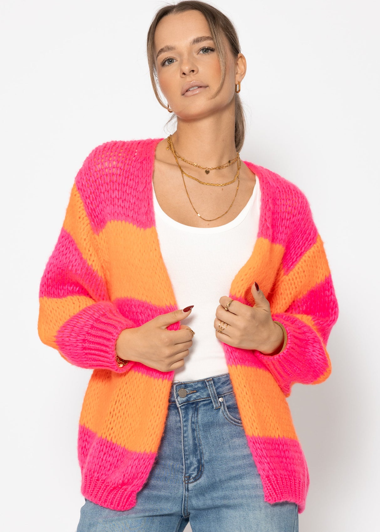Gestreifter oversize Cardigan - pink-orange