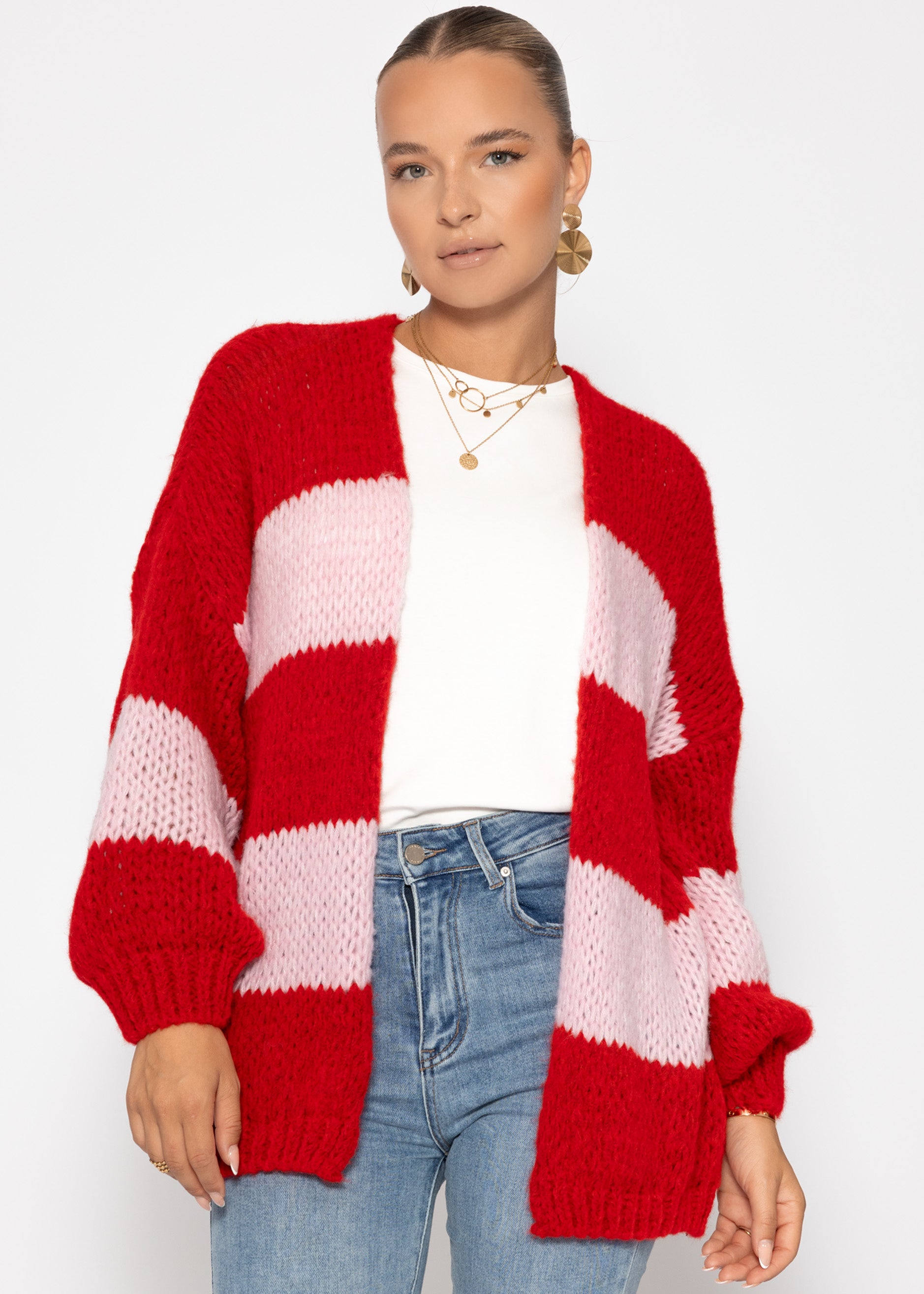 Gestreifter oversize Cardigan - rosa-rot