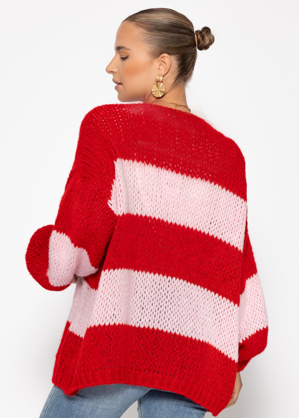 Gestreifter oversize Cardigan - rosa-rot