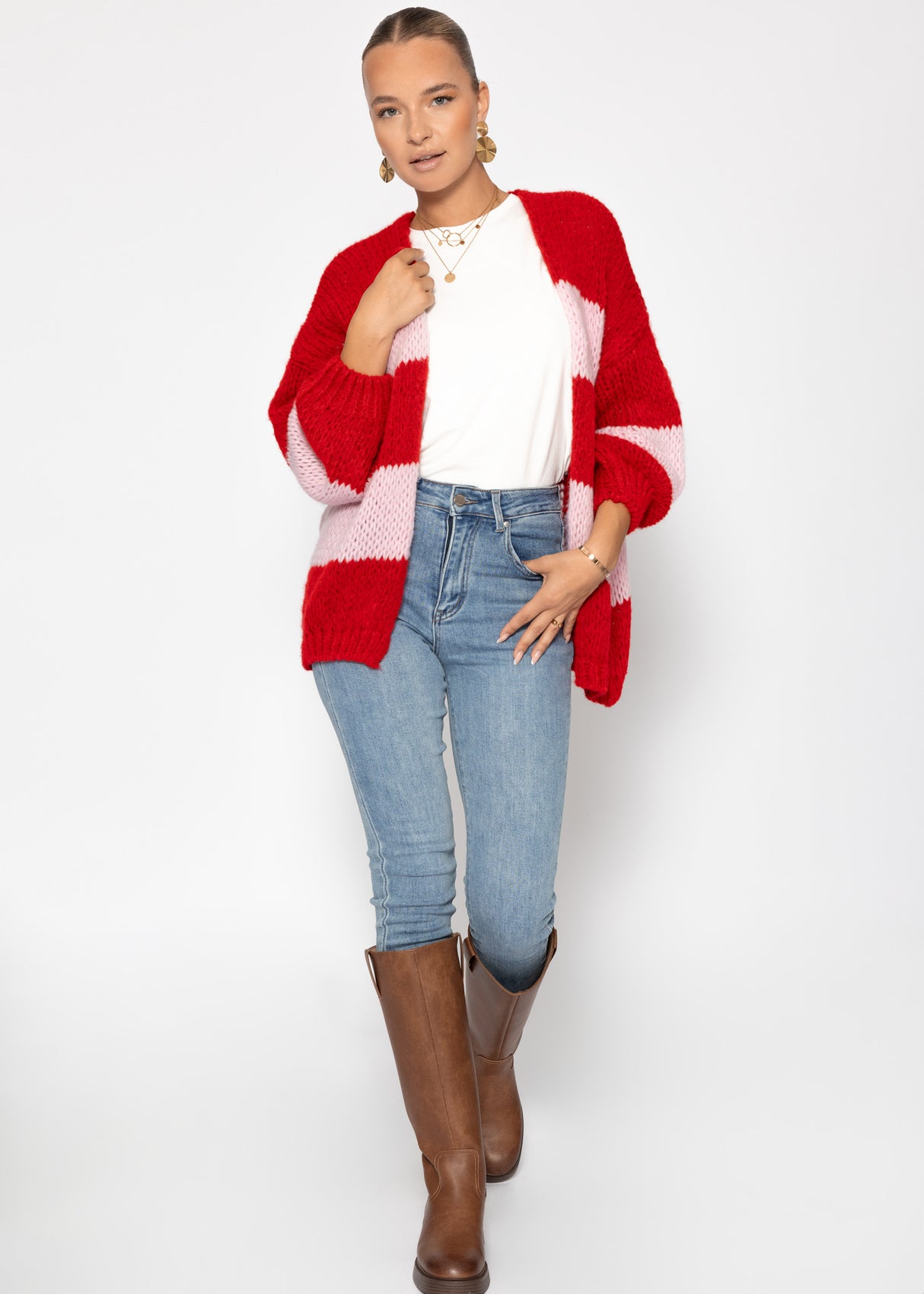 Gestreifter oversize Cardigan - rosa-rot
