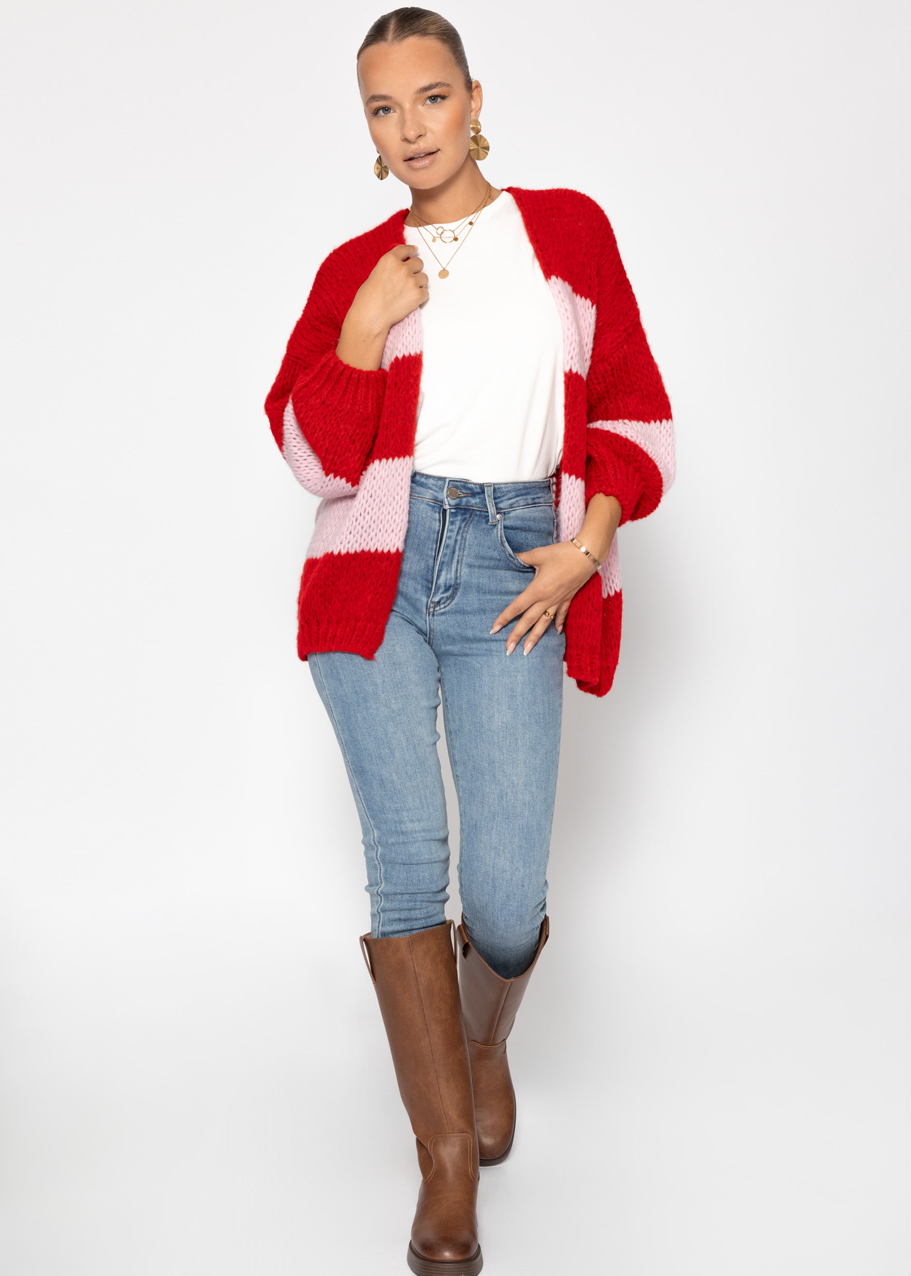 Gestreifter oversize Cardigan - rosa-rot